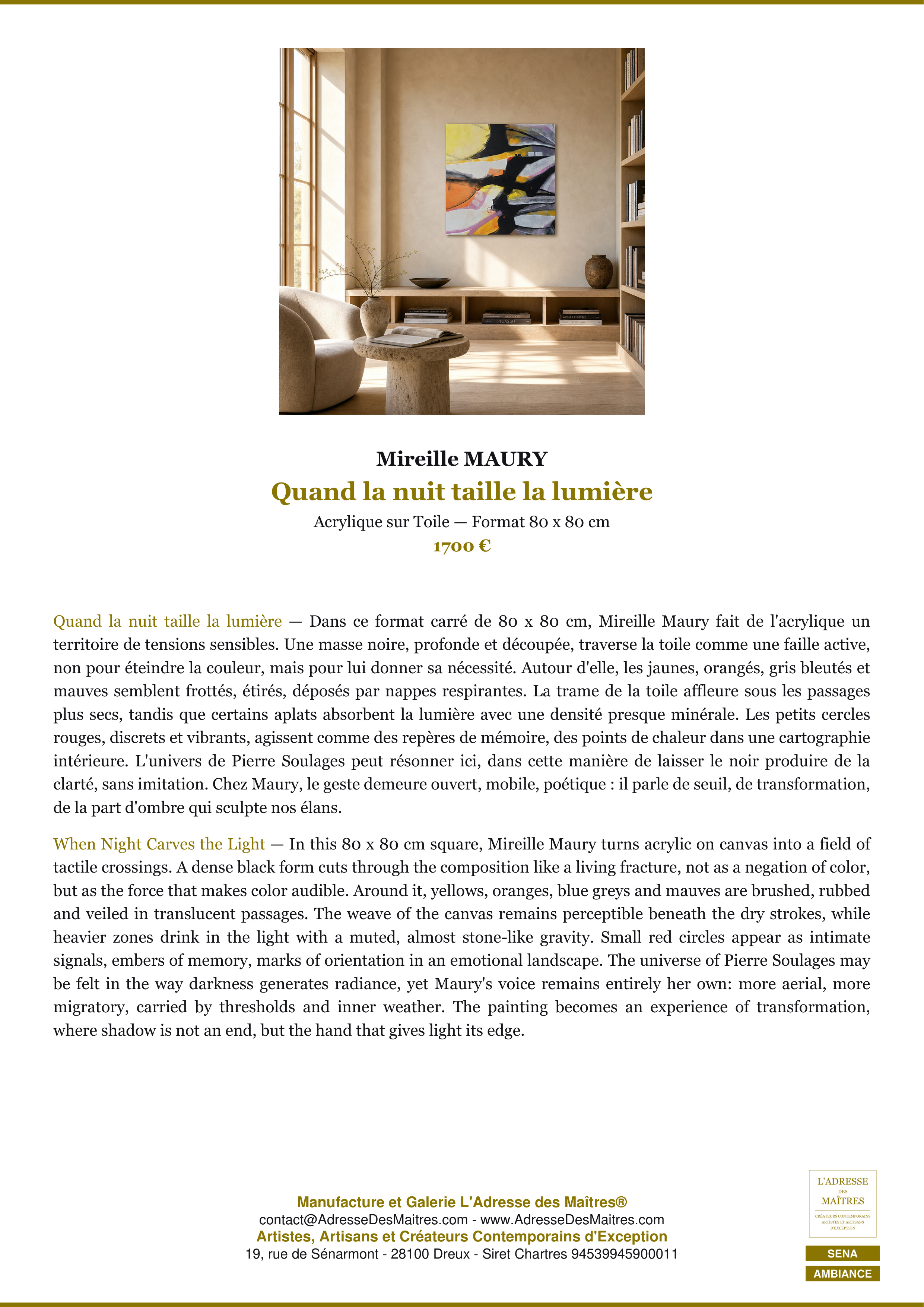 Fiche Premium Ambiance — Quand la nuit taille la lumière — Mireille MAURY — L'Adresse des Maîtres®