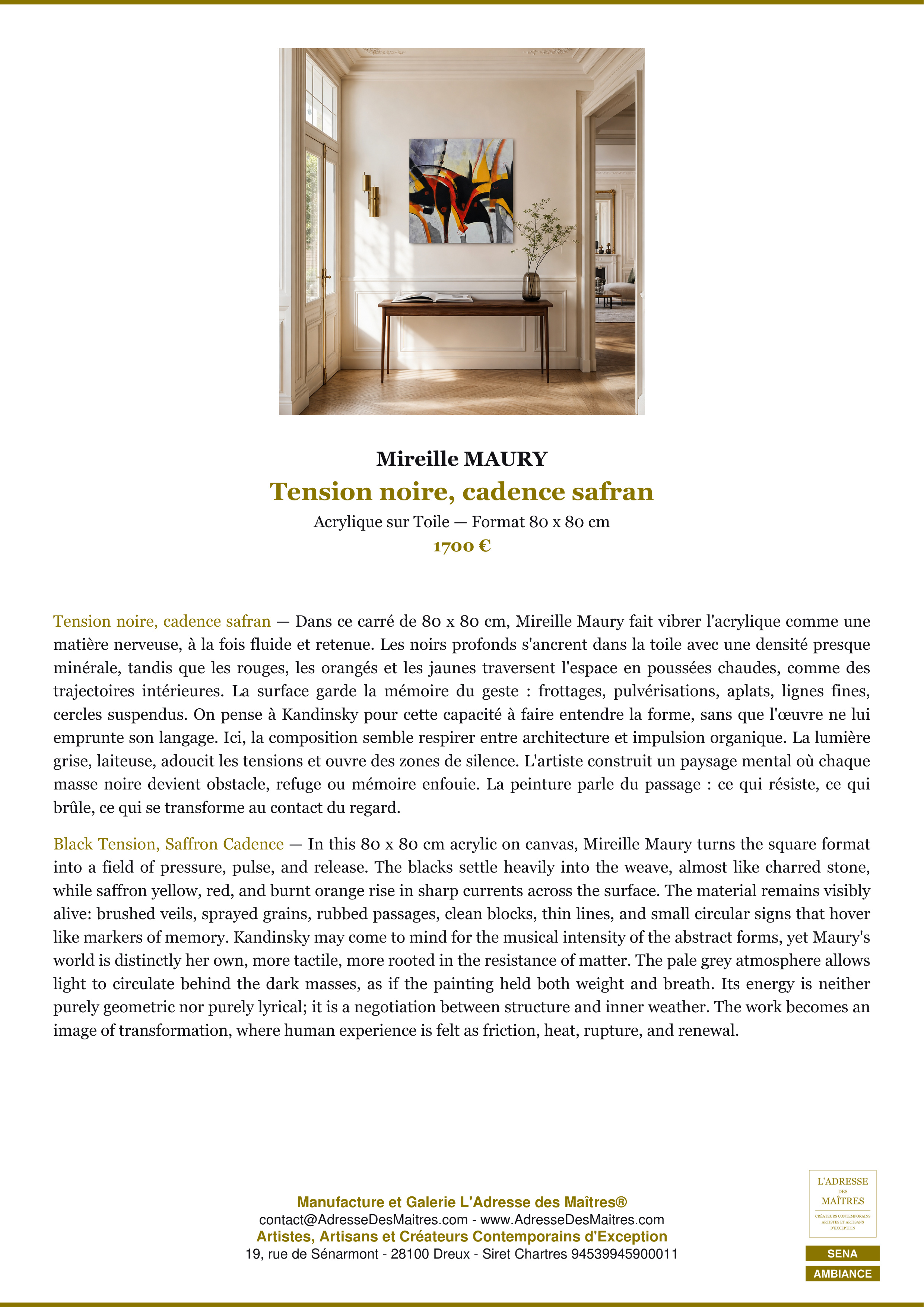 Fiche Premium Ambiance — Tension noire, cadence safran — Mireille MAURY — L'Adresse des Maîtres®