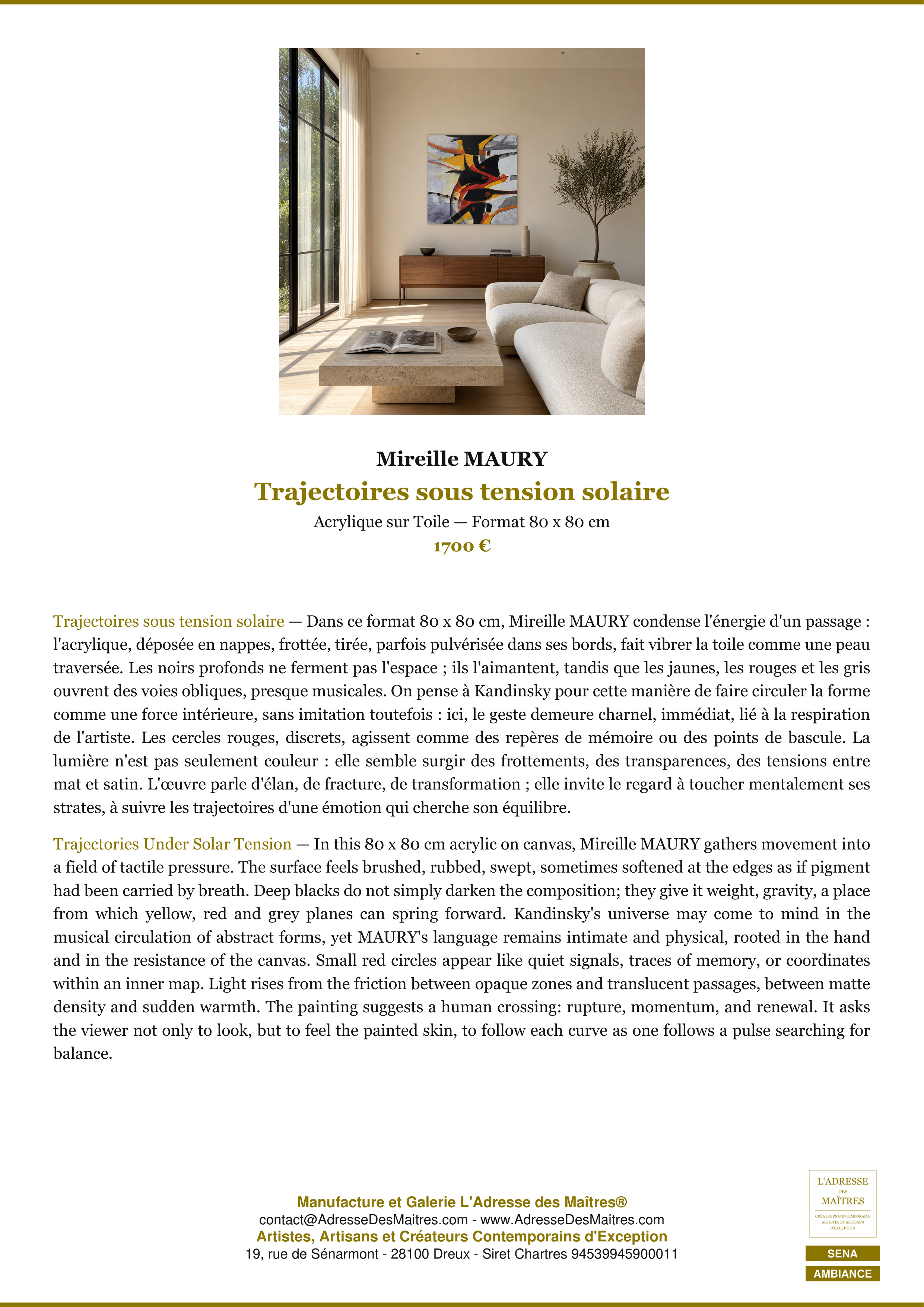Fiche Premium Ambiance — Trajectoires sous tension solaire — Mireille MAURY — L'Adresse des Maîtres®
