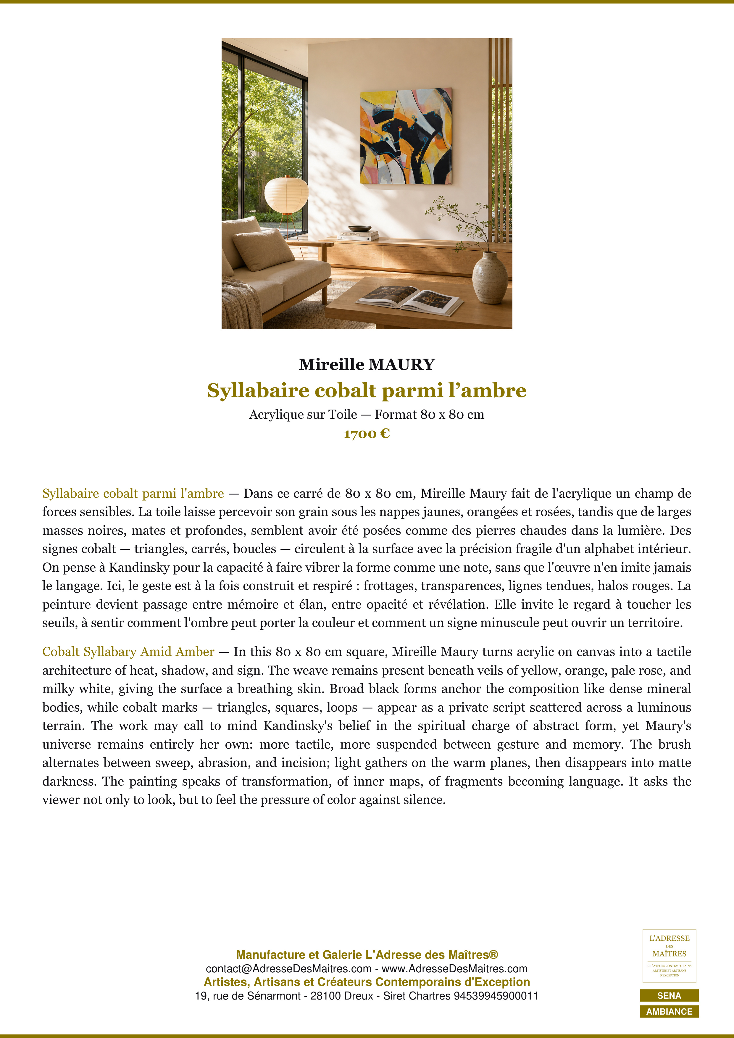 Fiche Premium Ambiance — Syllabaire cobalt parmi l’ambre — Mireille MAURY — L'Adresse des Maîtres®