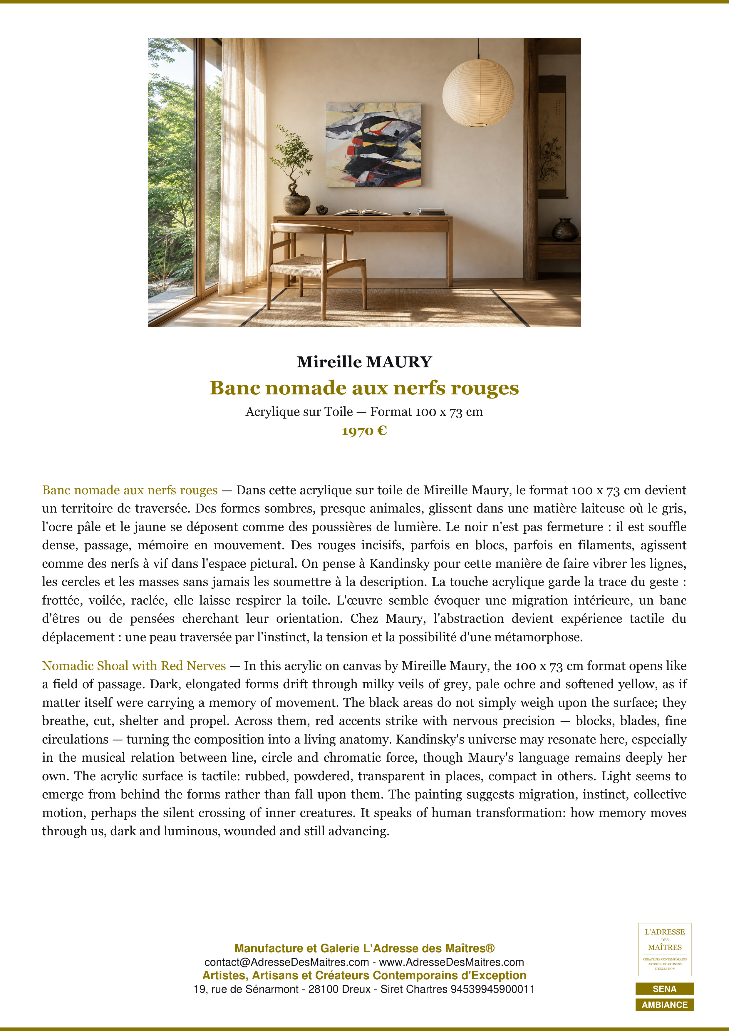 Fiche Premium Ambiance — Banc nomade aux nerfs rouges — Mireille MAURY — L'Adresse des Maîtres®