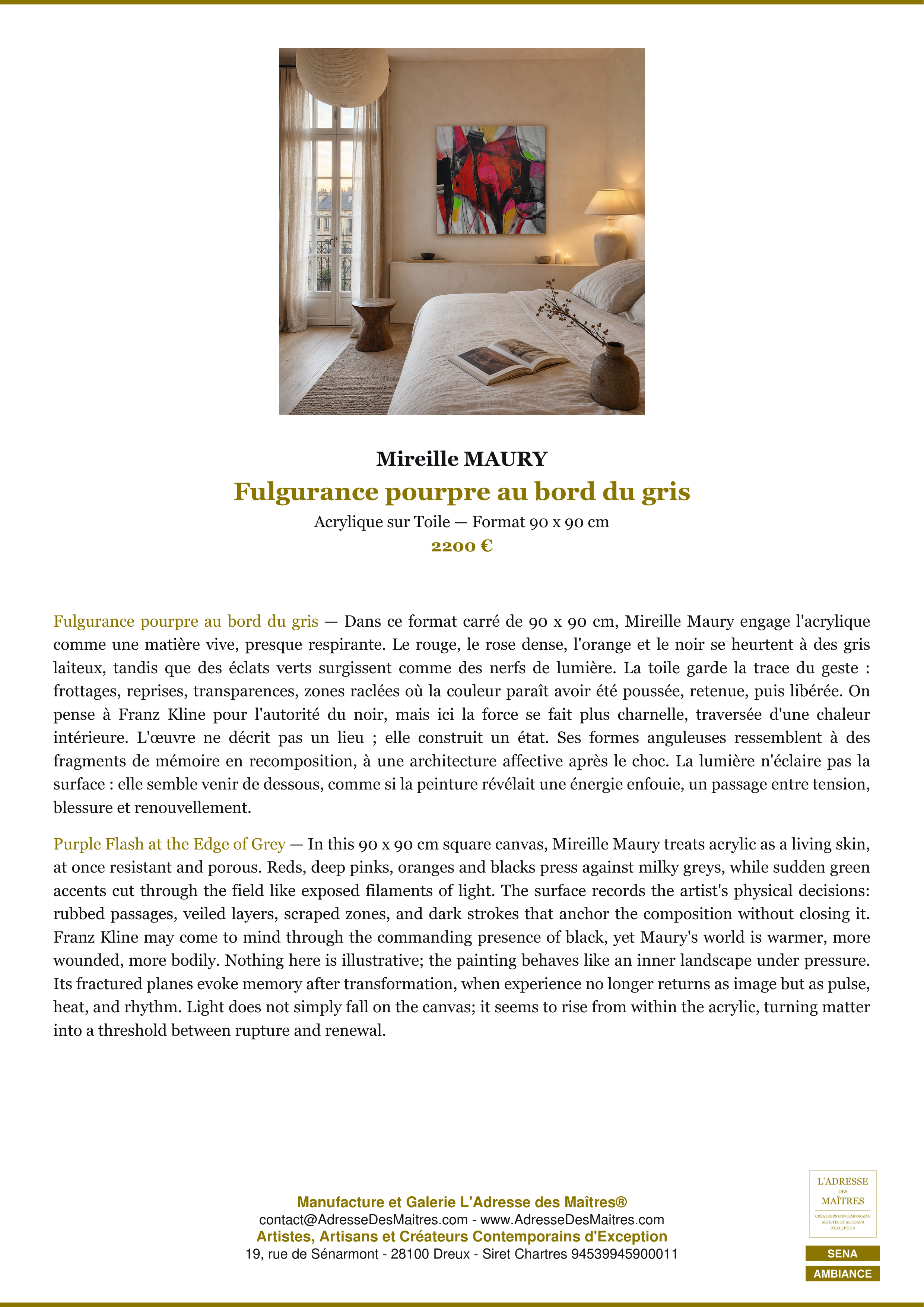 Fiche Premium Ambiance — Fulgurance pourpre au bord du gris — Mireille MAURY — L'Adresse des Maîtres®