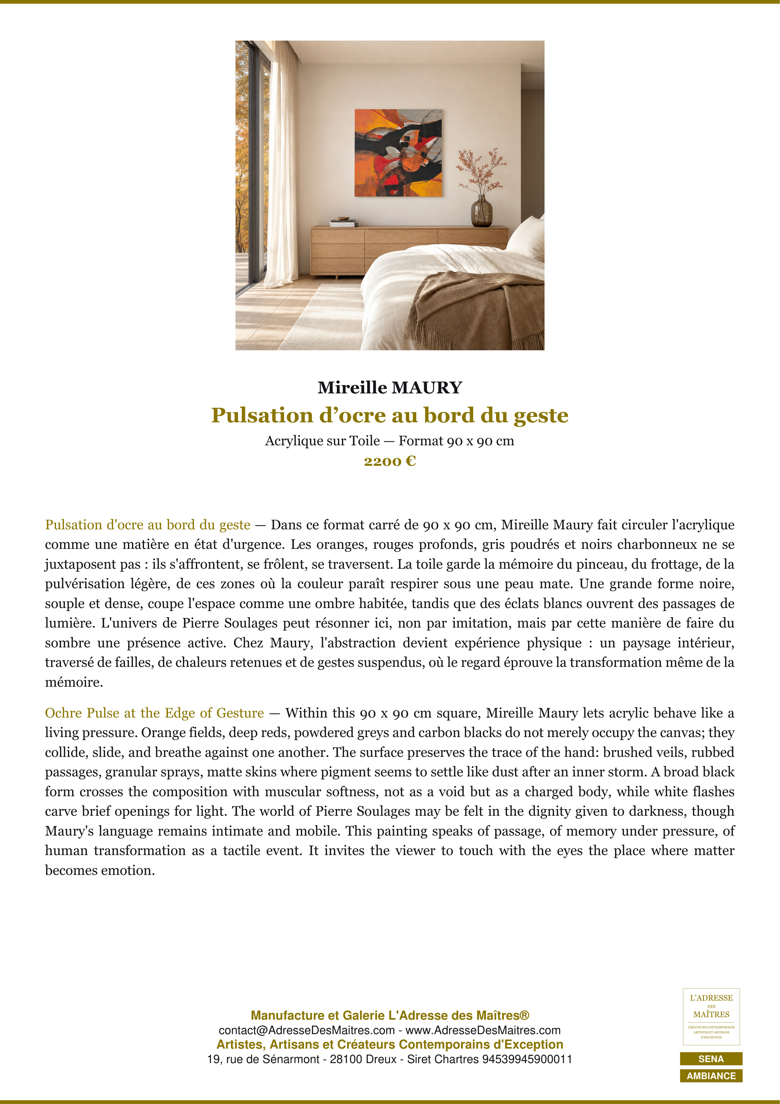 Fiche Premium Ambiance — Pulsation d’ocre au bord du geste — Mireille MAURY — L'Adresse des Maîtres®