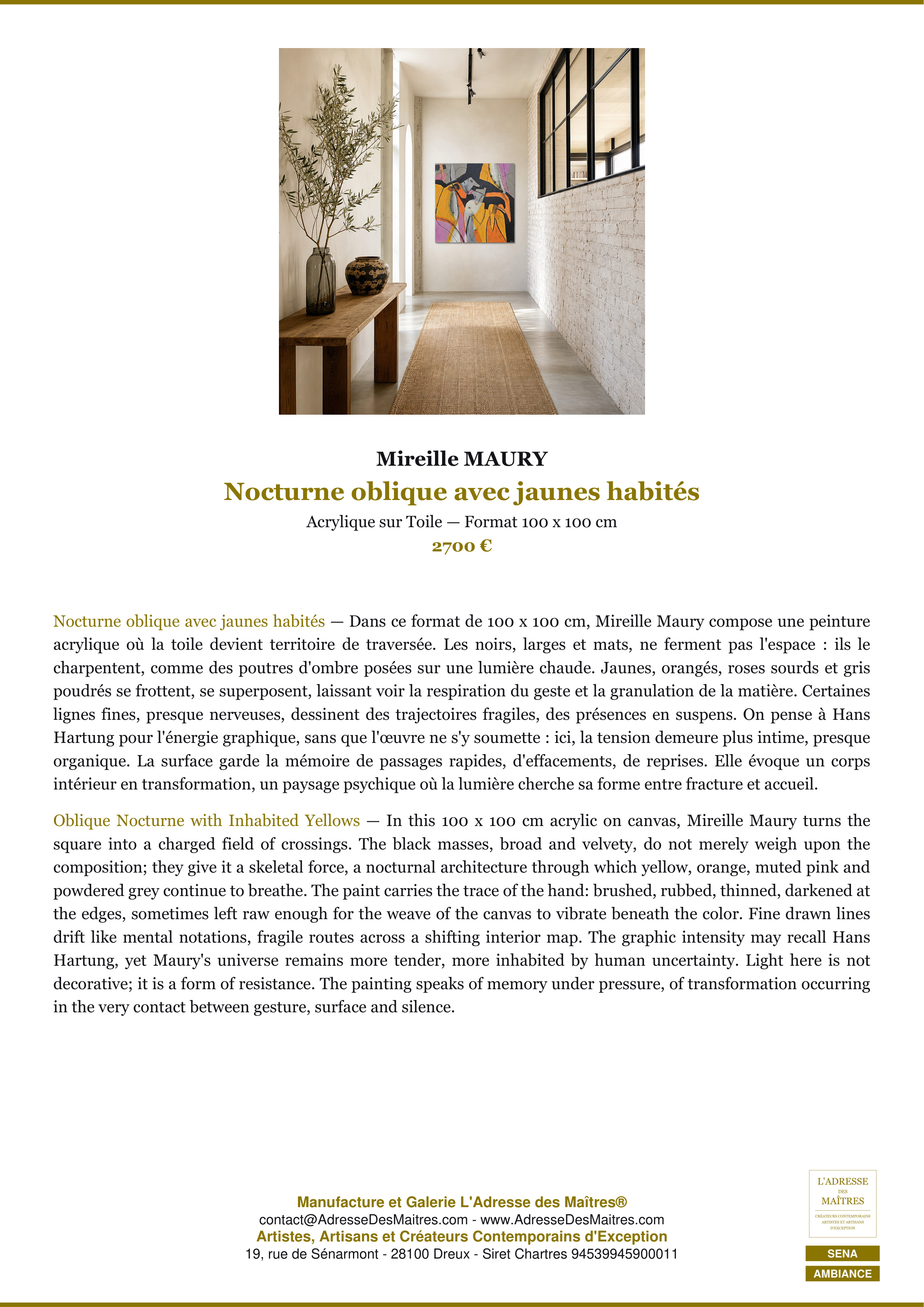Fiche Premium Ambiance — Nocturne oblique avec jaunes habités — Mireille MAURY — L'Adresse des Maîtres®