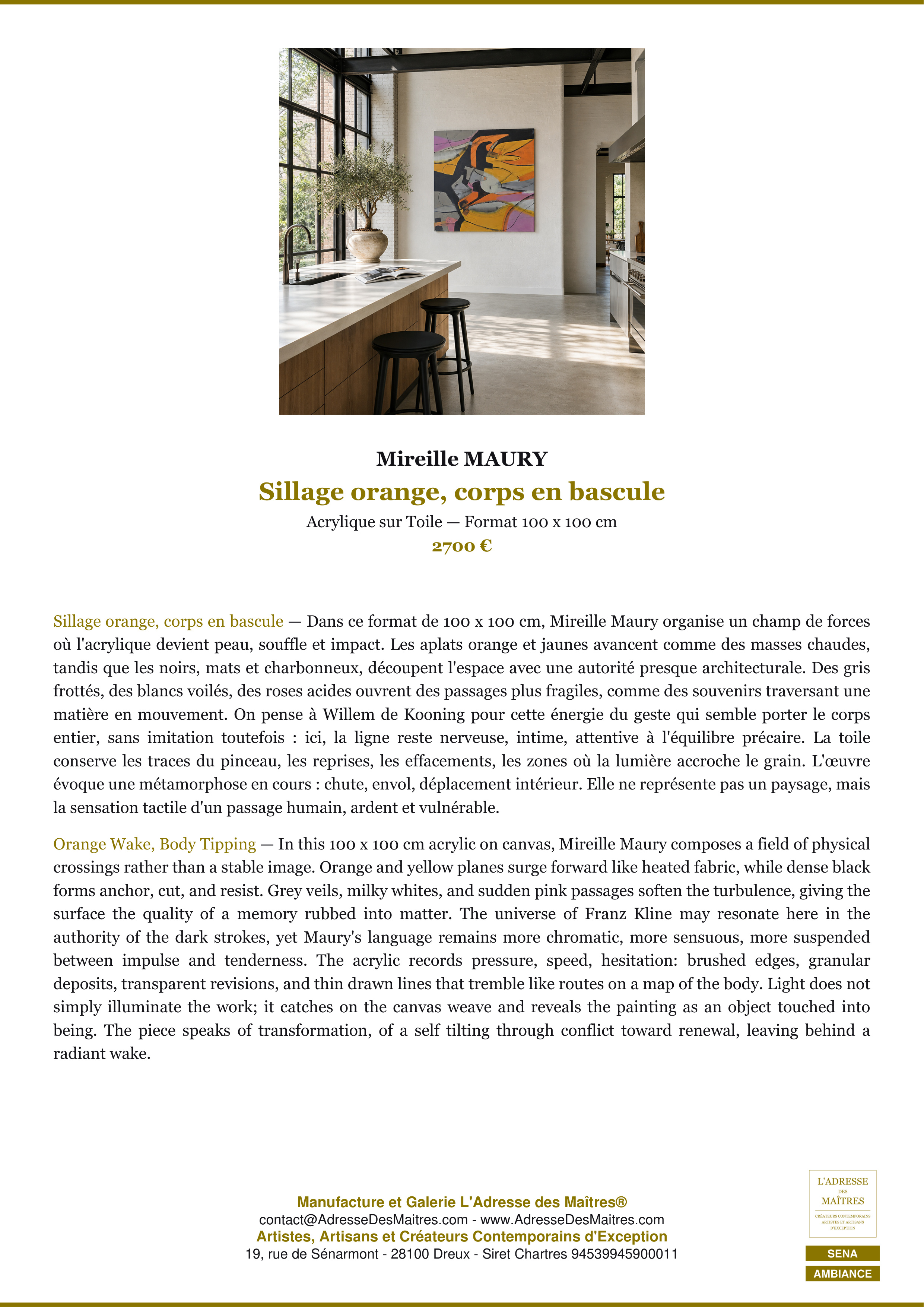 Fiche Premium Ambiance — Sillage orange, corps en bascule — Mireille MAURY — L'Adresse des Maîtres®