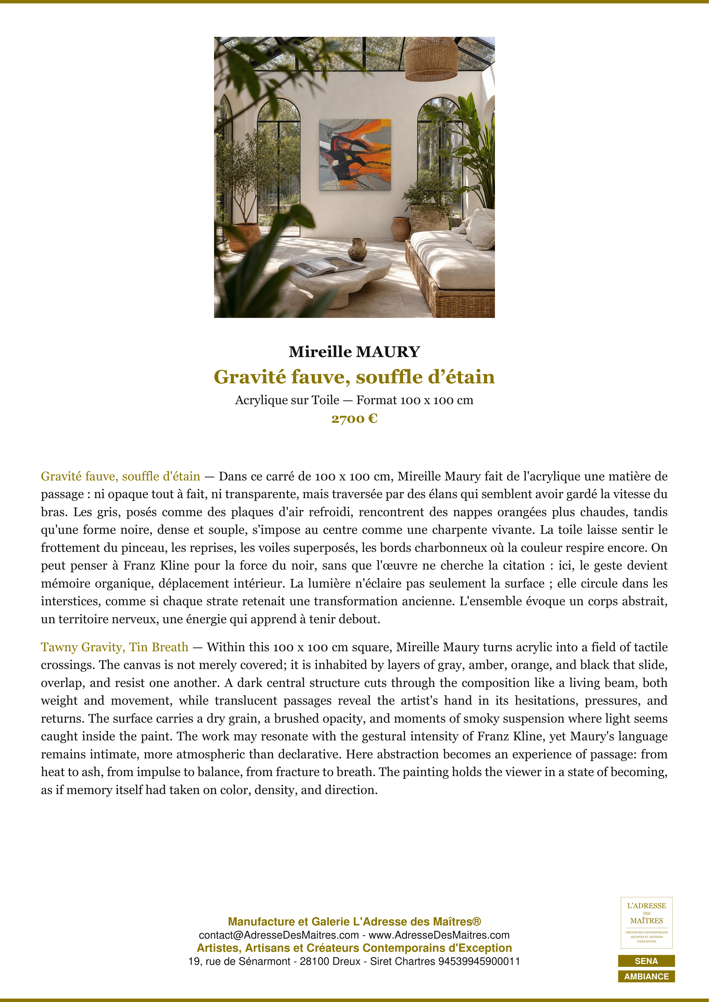 Fiche Premium Ambiance — Gravité fauve, souffle d’étain — Mireille MAURY — L'Adresse des Maîtres®