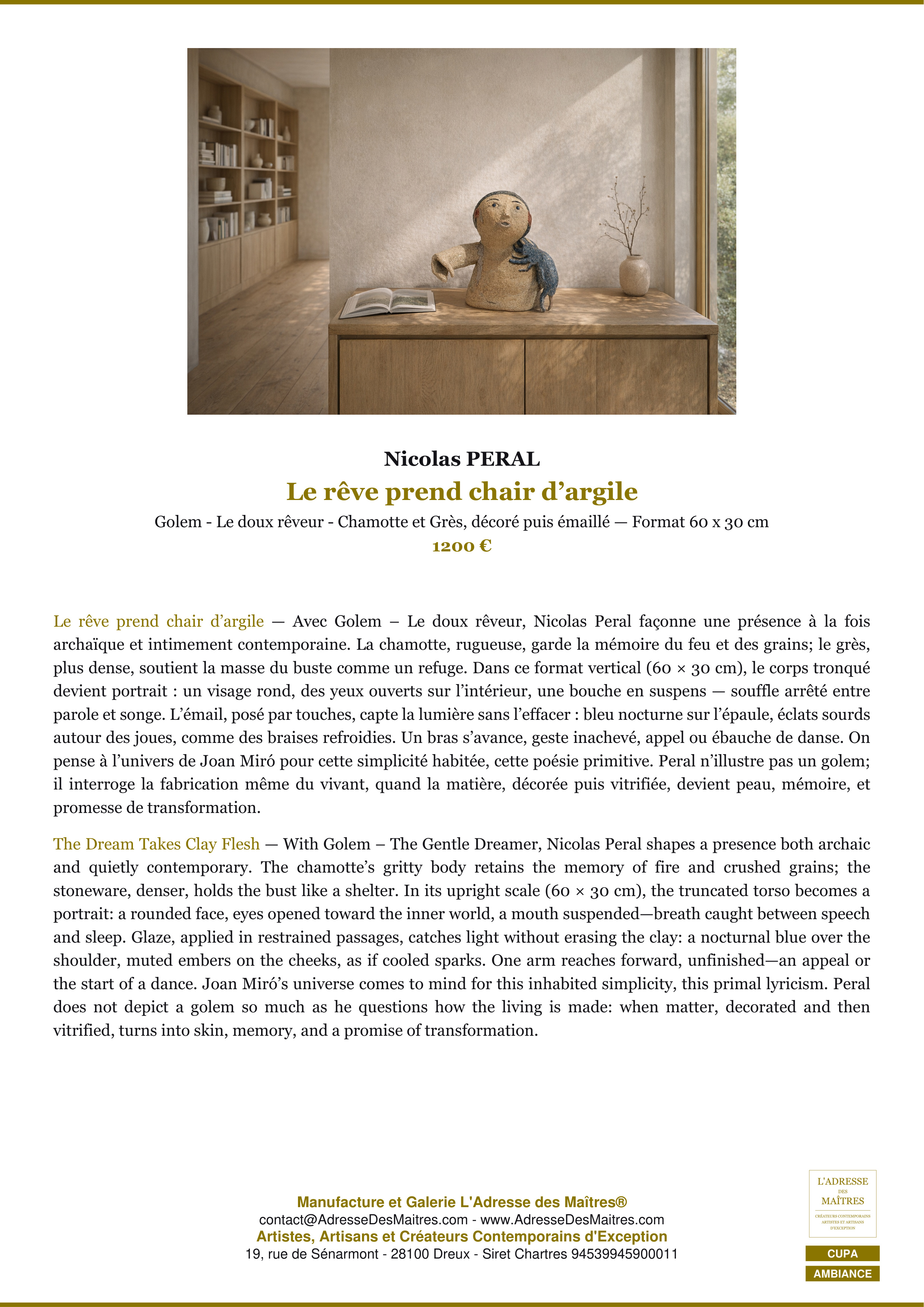 Fiche Premium Ambiance — Le rêve prend chair d’argile — Nicolas PERAL — L'Adresse des Maîtres®
