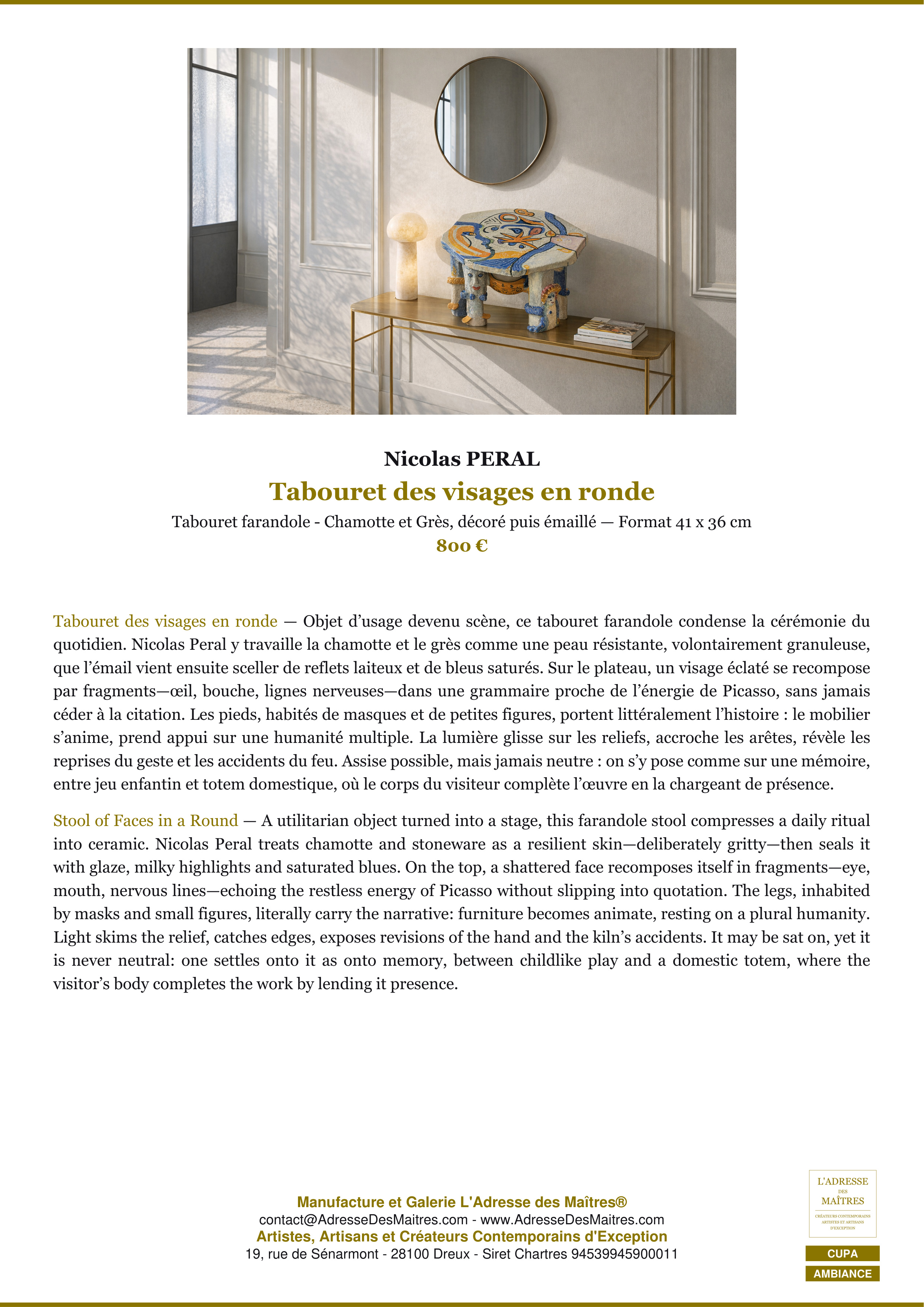 Fiche Premium Ambiance — Tabouret des visages en ronde — Nicolas PERAL — L'Adresse des Maîtres®