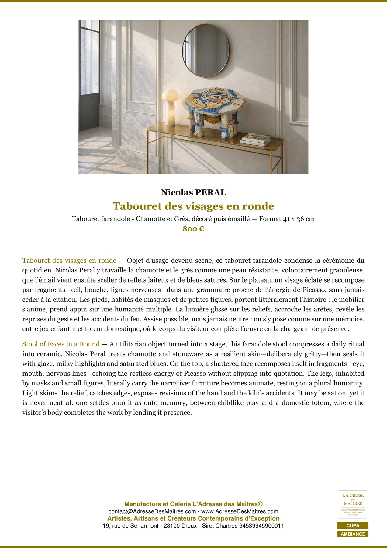Fiche Premium Ambiance - Tabouret des visages en ronde - Nicolas PERAL - L'Adresse des Maîtres®