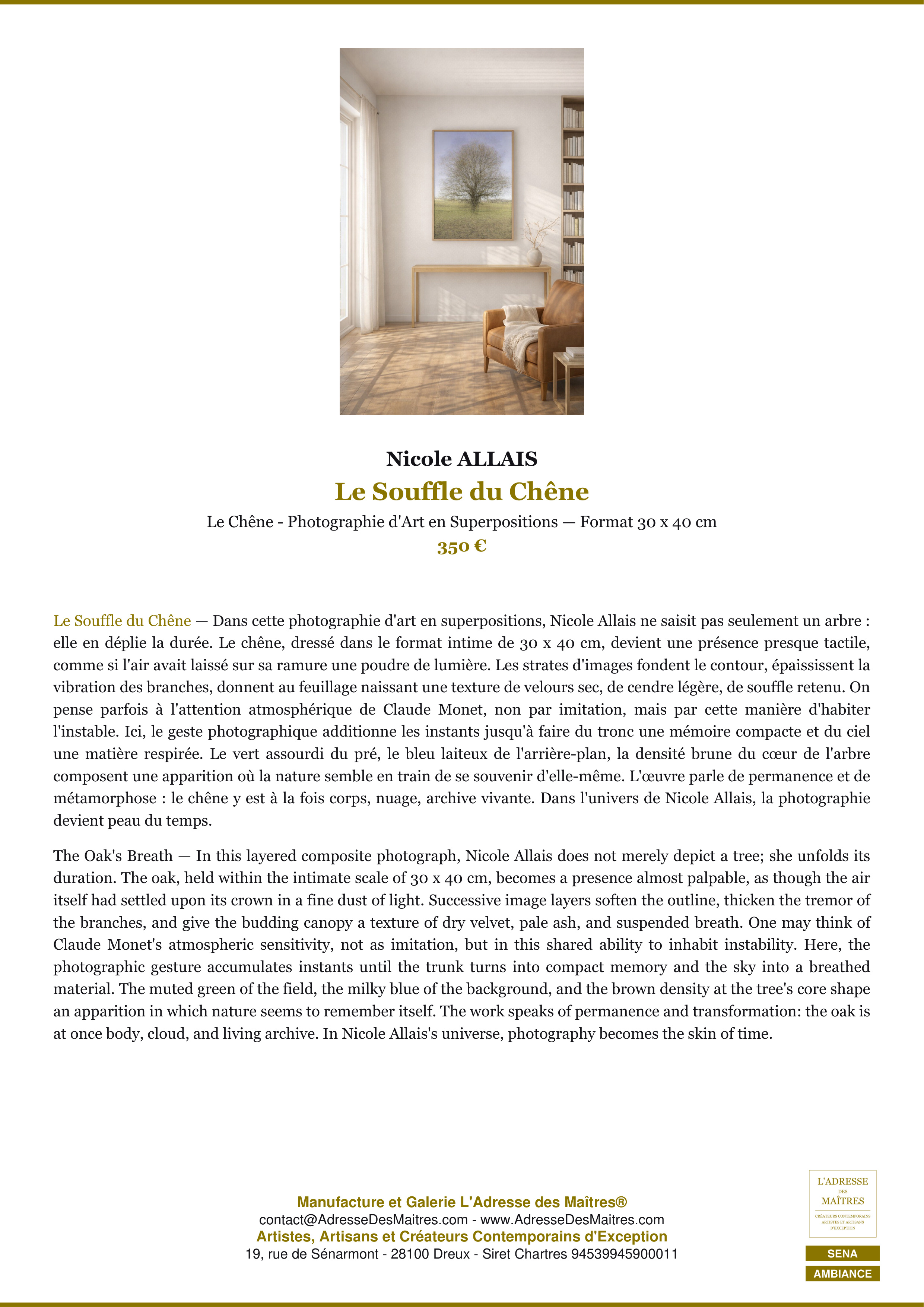 Fiche Premium Ambiance — Le Souffle du Chêne — Nicole ALLAIS — L'Adresse des Maîtres®