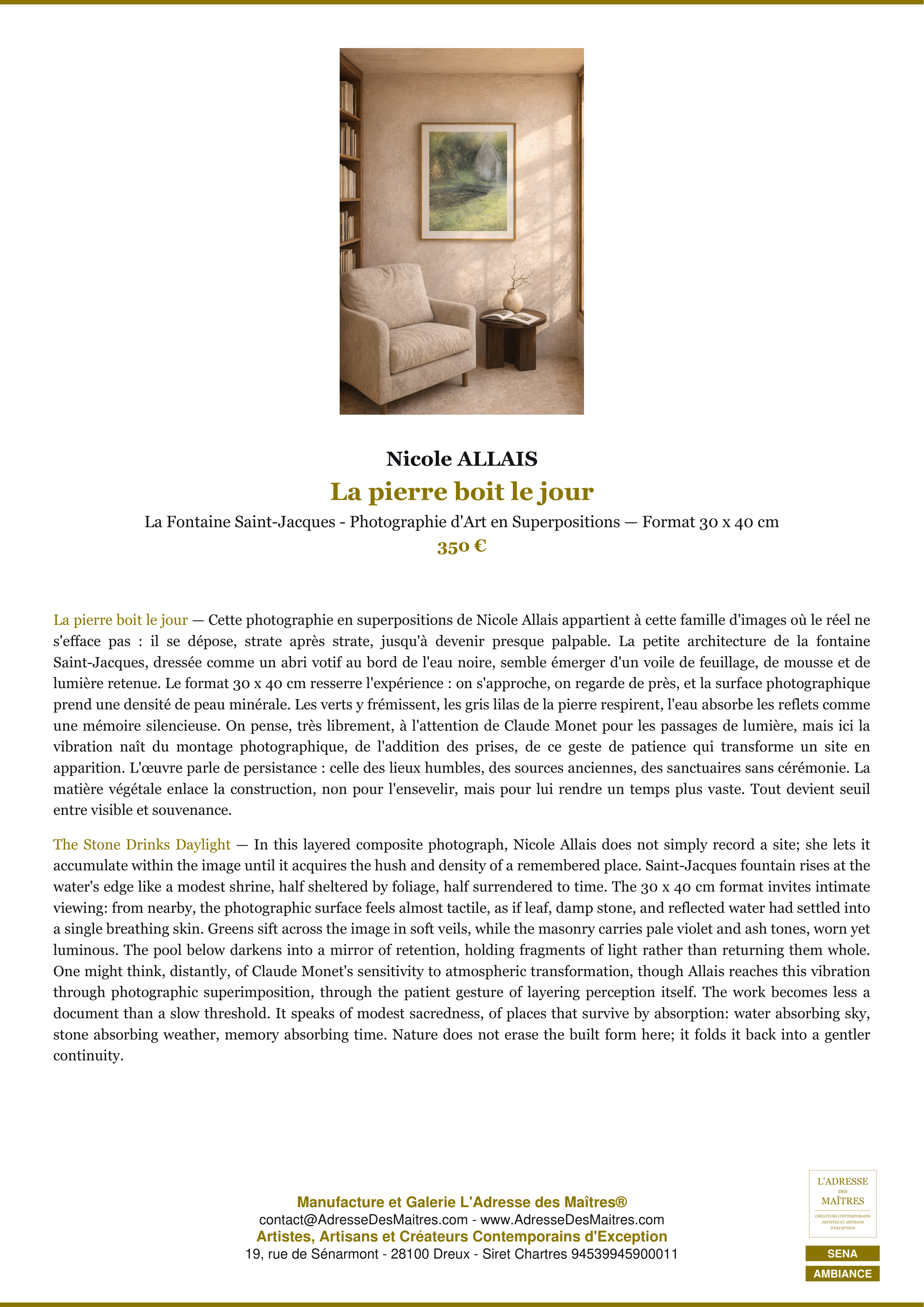 Fiche Premium Ambiance — La pierre boit le jour — Nicole ALLAIS — L'Adresse des Maîtres®