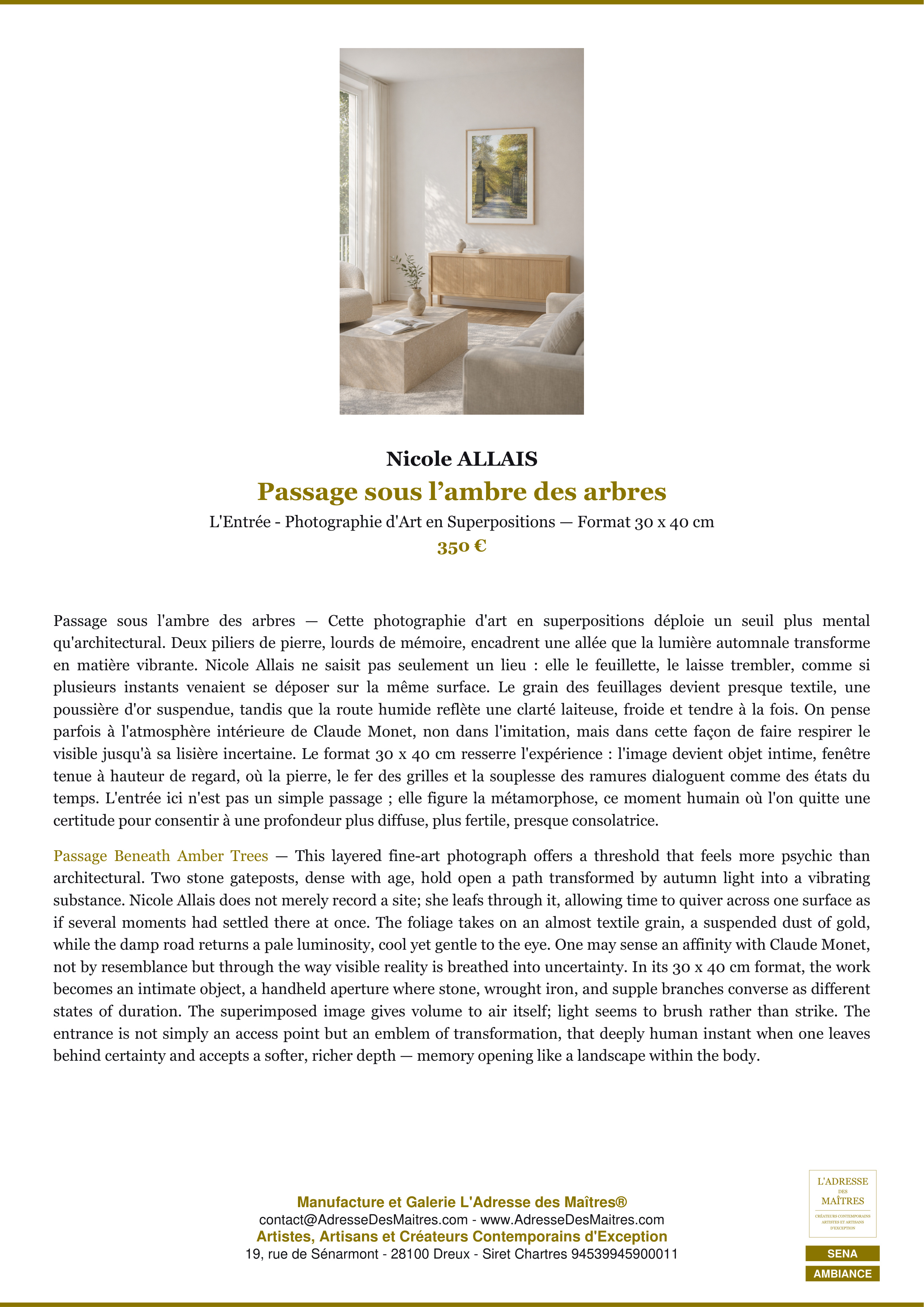 Fiche Premium Ambiance — Passage sous l’ambre des arbres — Nicole ALLAIS — L'Adresse des Maîtres®