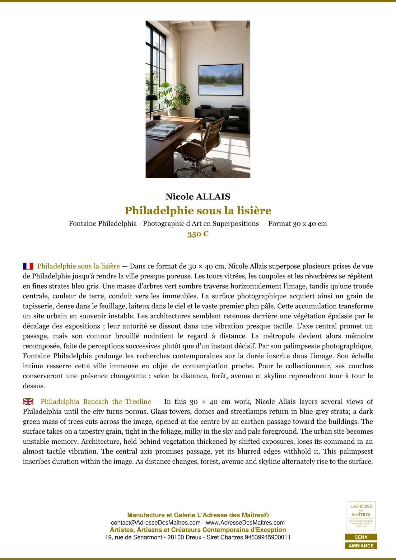 Fiche Premium Ambiance - Philadelphie sous la lisière - Nicole ALLAIS - L'Adresse des Maîtres®