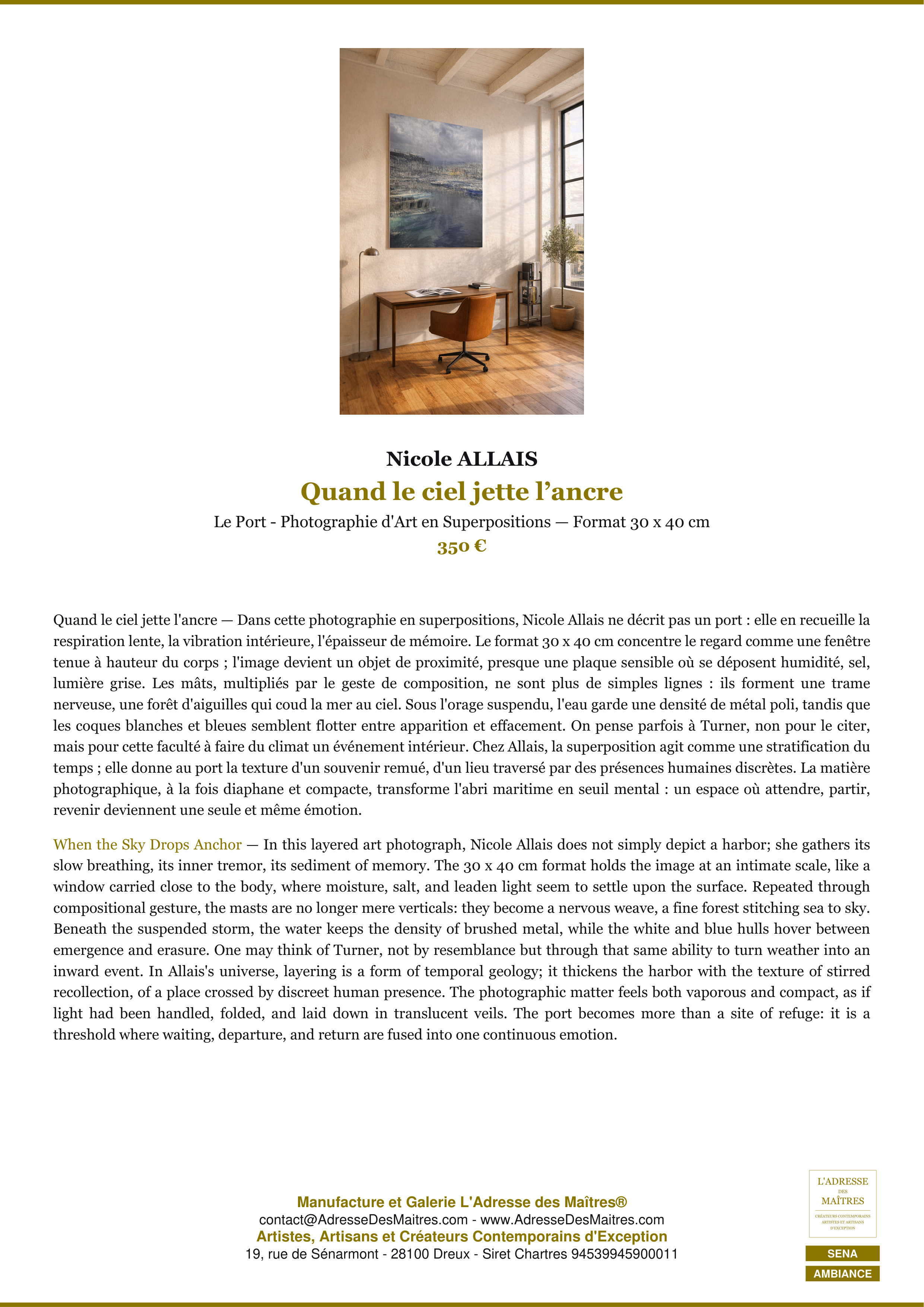 Fiche Premium Ambiance — Quand le ciel jette l’ancre — Nicole ALLAIS — L'Adresse des Maîtres®