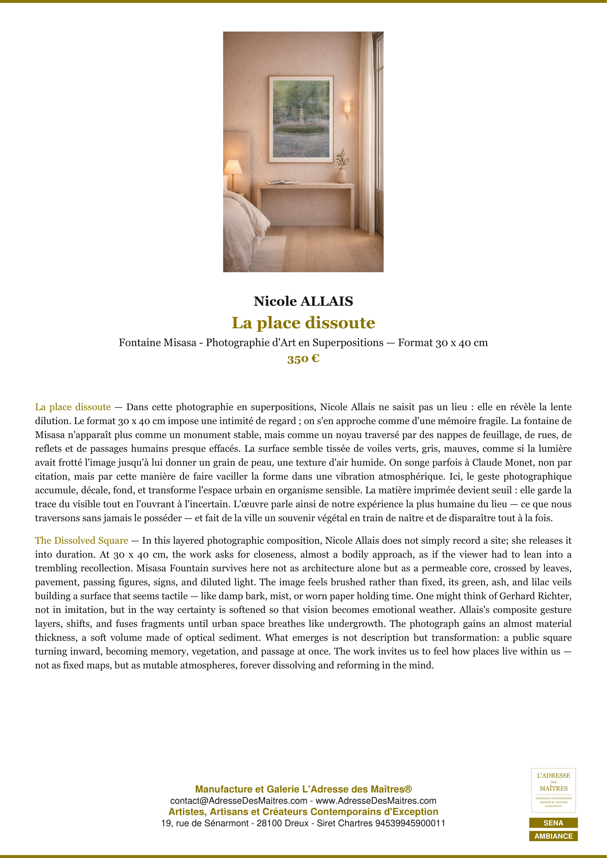 Fiche Premium Ambiance — La place dissoute — Nicole ALLAIS — L'Adresse des Maîtres®
