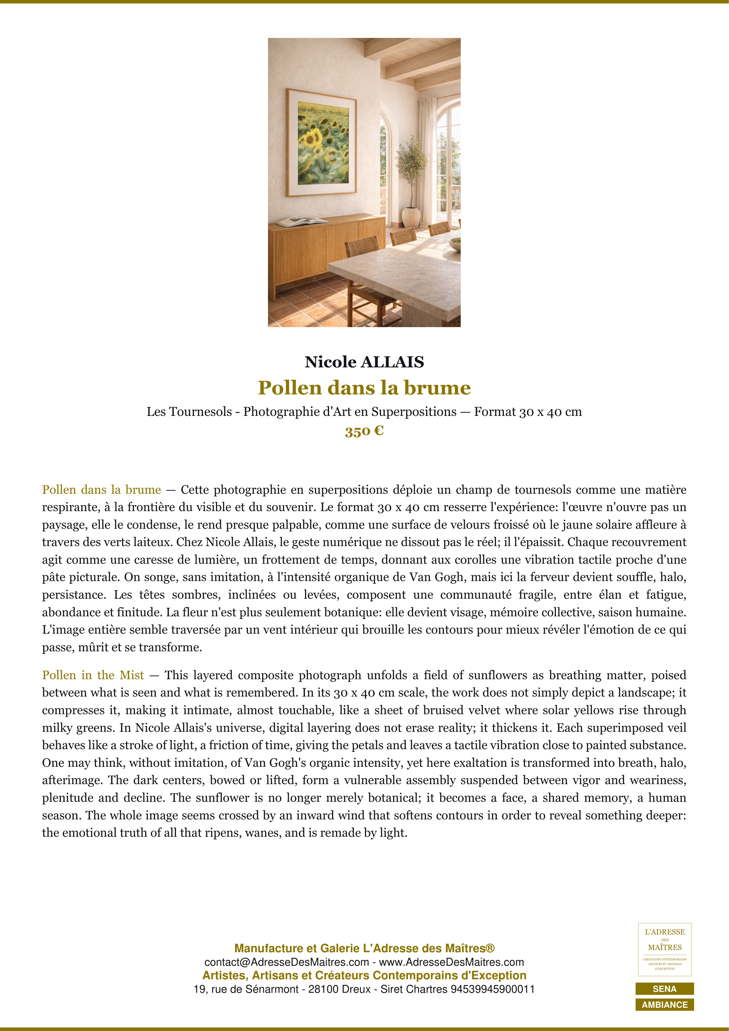 Fiche Premium Ambiance — Pollen dans la brume — Nicole ALLAIS — L'Adresse des Maîtres®