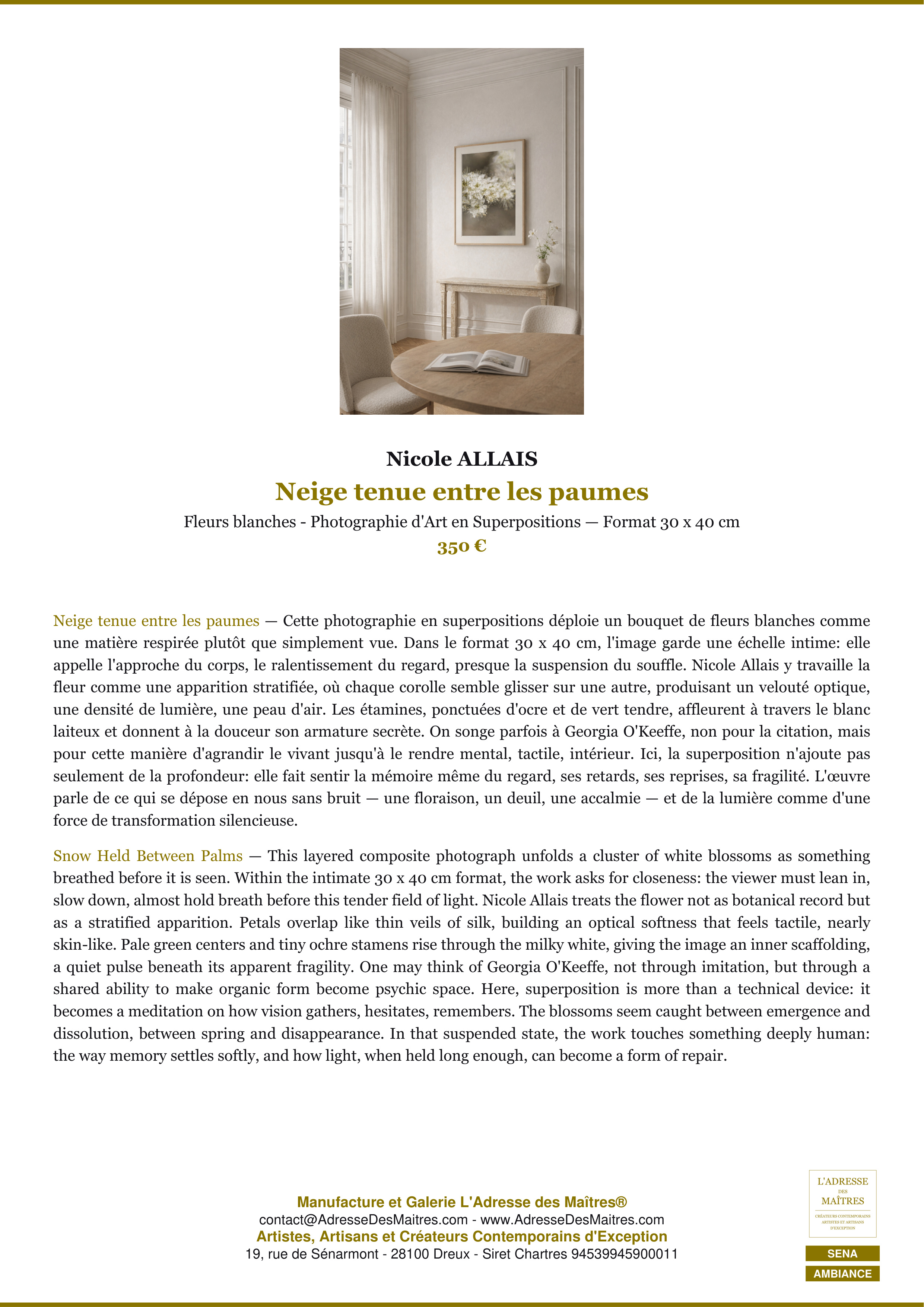 Fiche Premium Ambiance — Neige tenue entre les paumes — Nicole ALLAIS — L'Adresse des Maîtres®