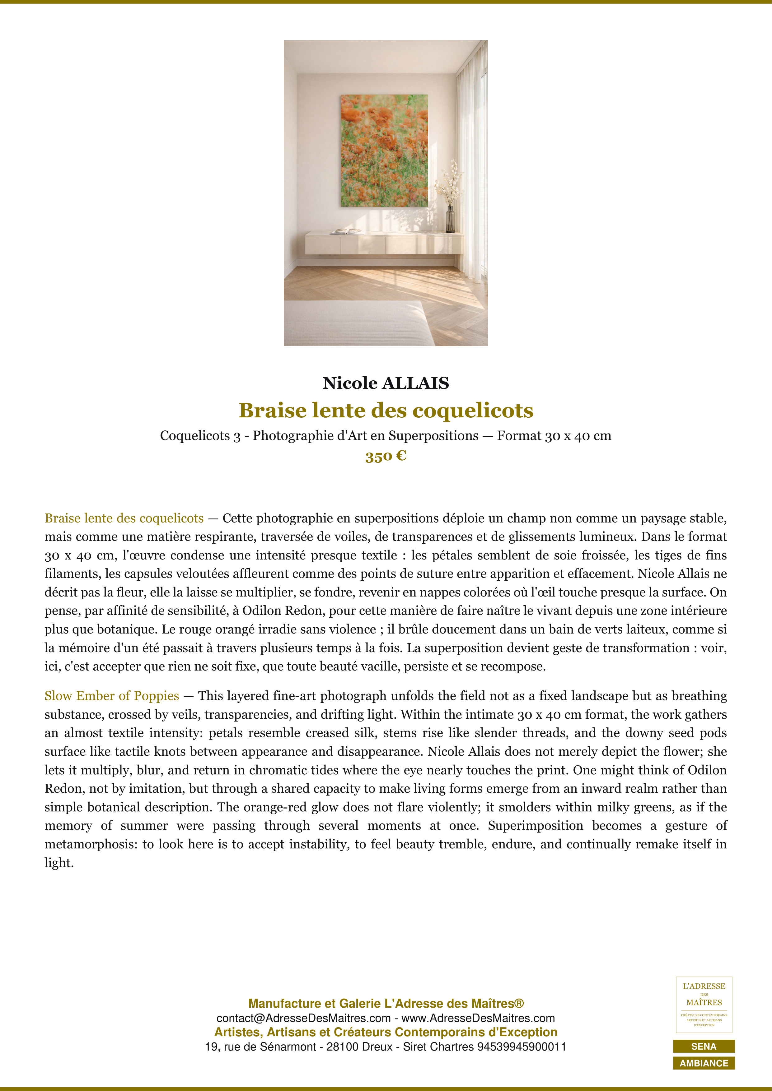 Fiche Premium Ambiance — Braise lente des coquelicots — Nicole ALLAIS — L'Adresse des Maîtres®