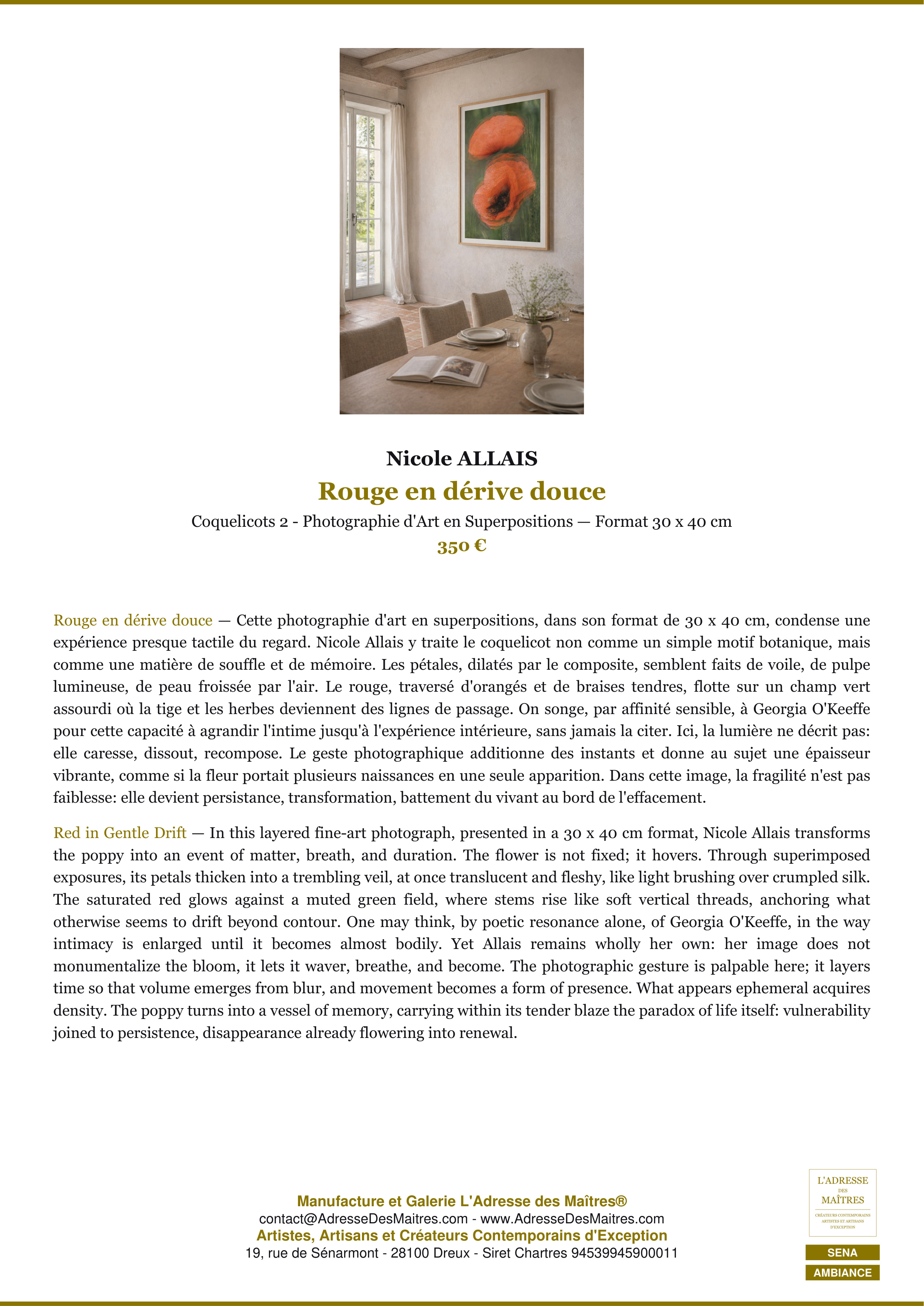 Fiche Premium Ambiance — Rouge en dérive douce — Nicole ALLAIS — L'Adresse des Maîtres®