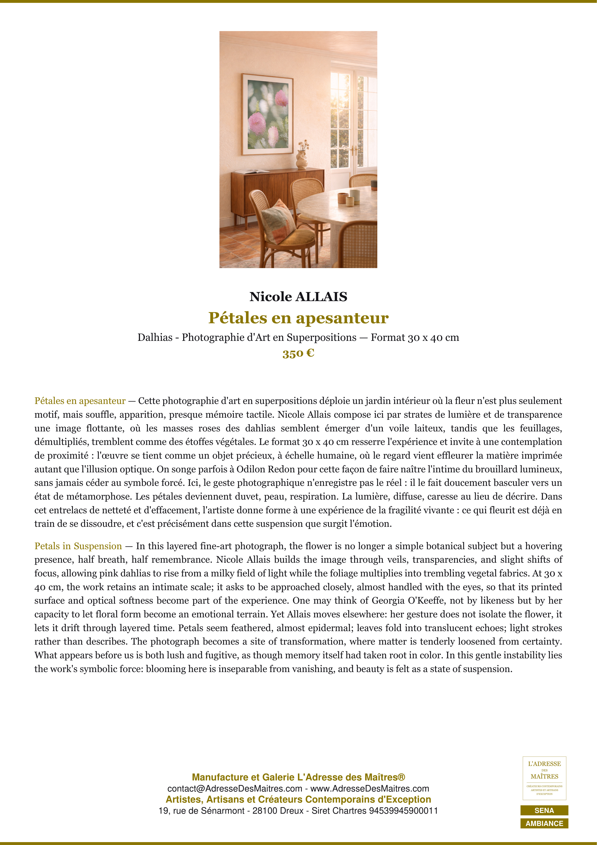 Fiche Premium Ambiance — Pétales en apesanteur — Nicole ALLAIS — L'Adresse des Maîtres®