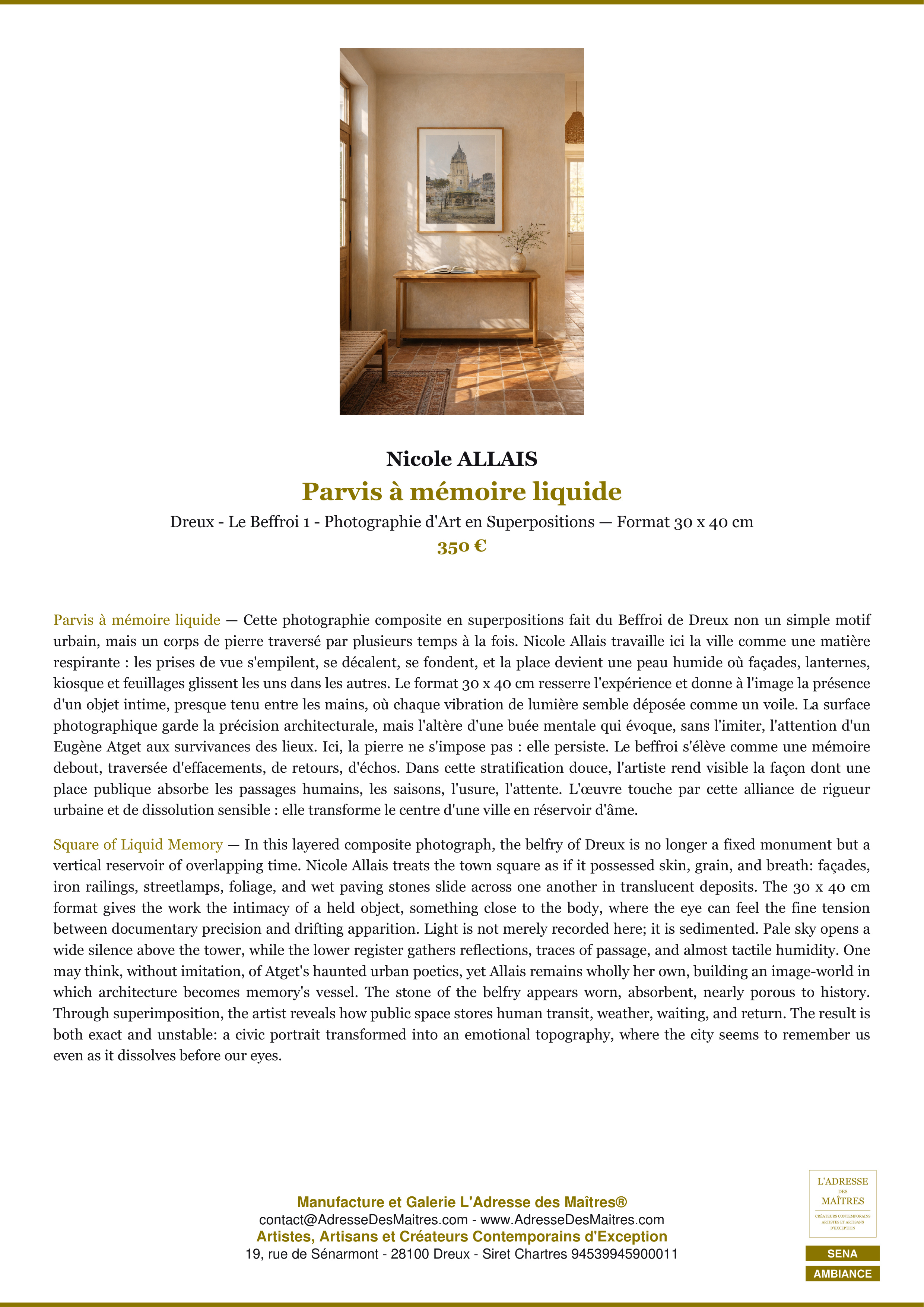 Fiche Premium Ambiance — Parvis à mémoire liquide — Nicole ALLAIS — L'Adresse des Maîtres®