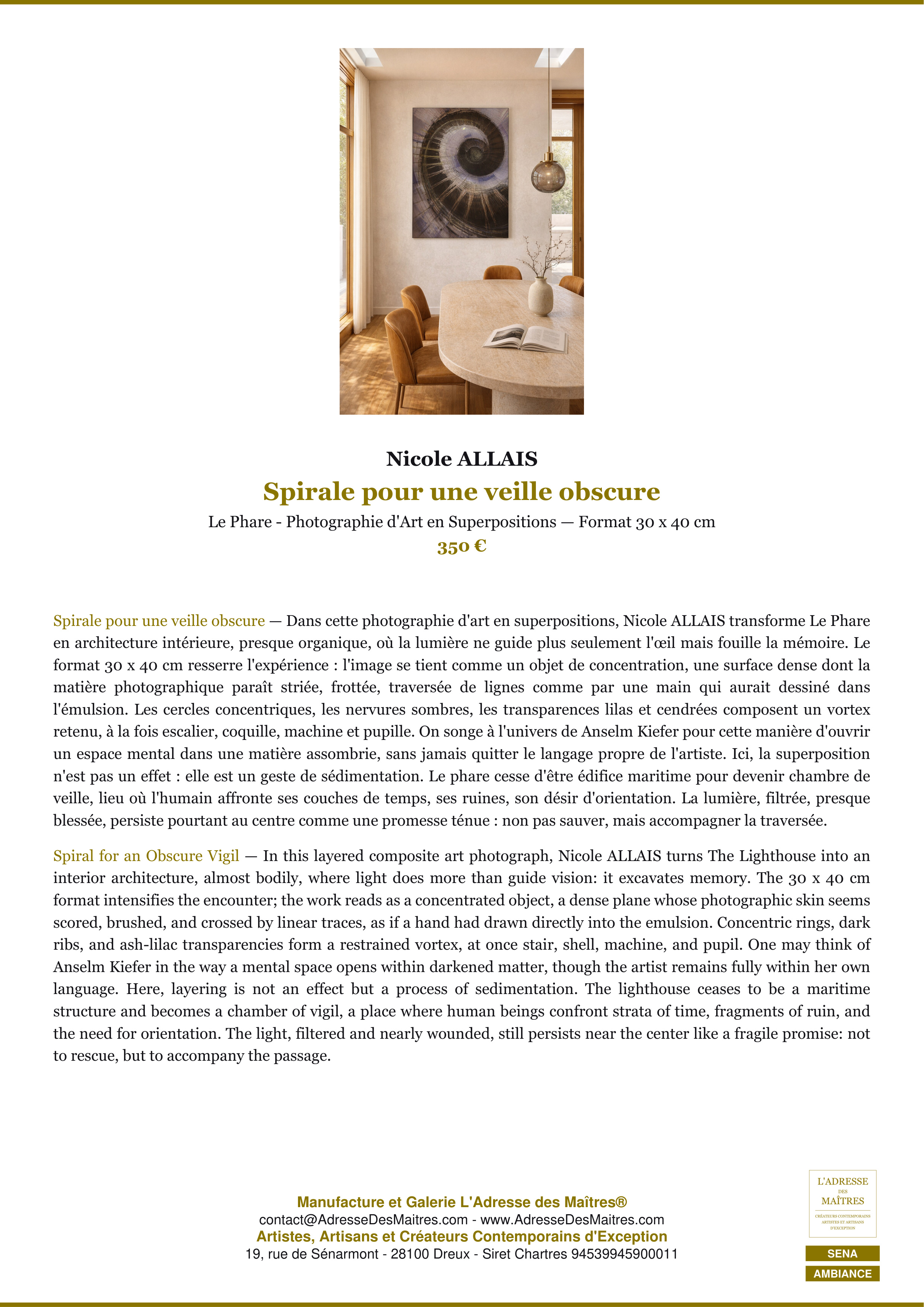 Fiche Premium Ambiance — Spirale pour une veille obscure — Nicole ALLAIS — L'Adresse des Maîtres®