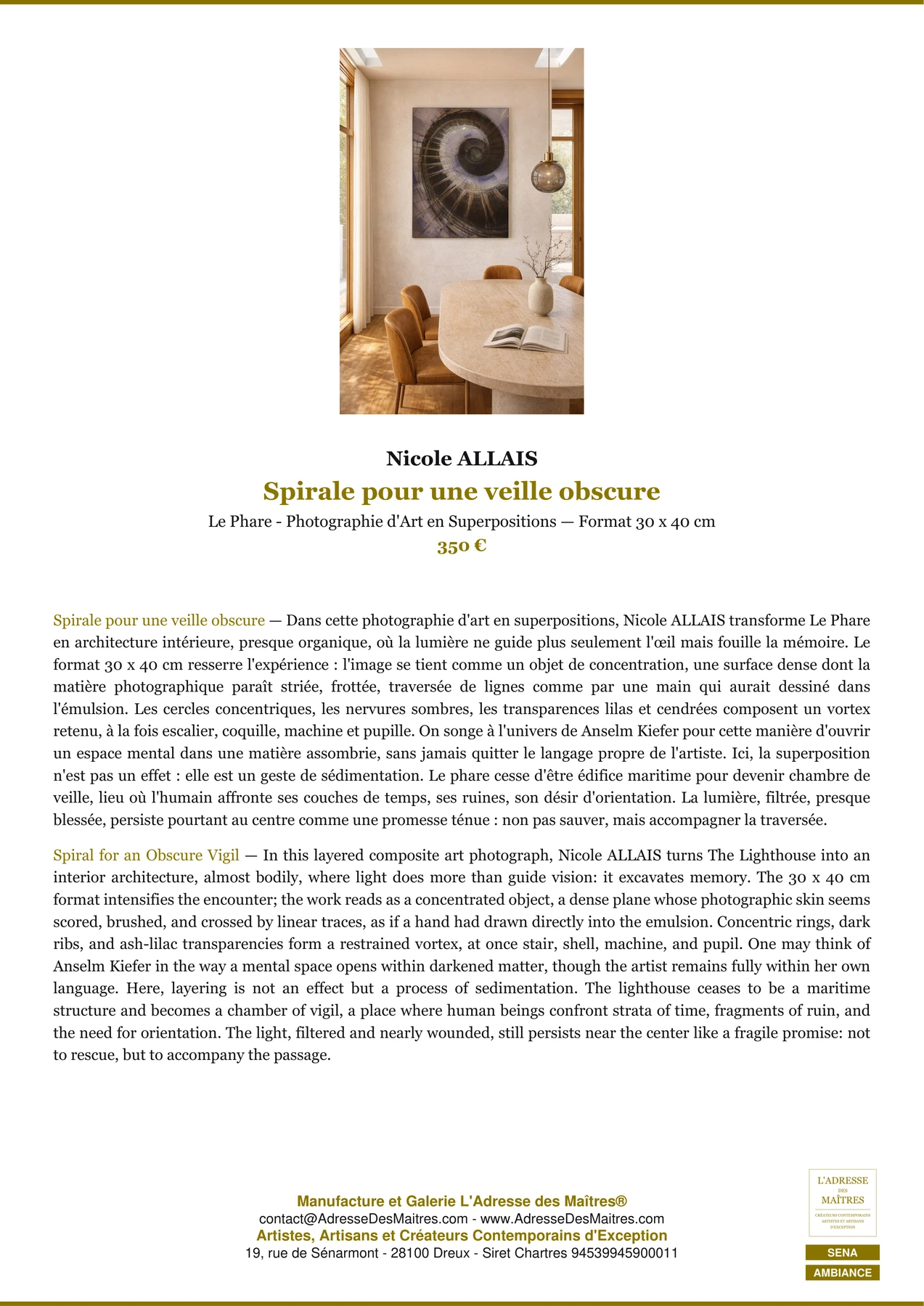 Fiche Premium Ambiance — Spirale pour une veille obscure — Nicole ALLAIS — L'Adresse des Maîtres®