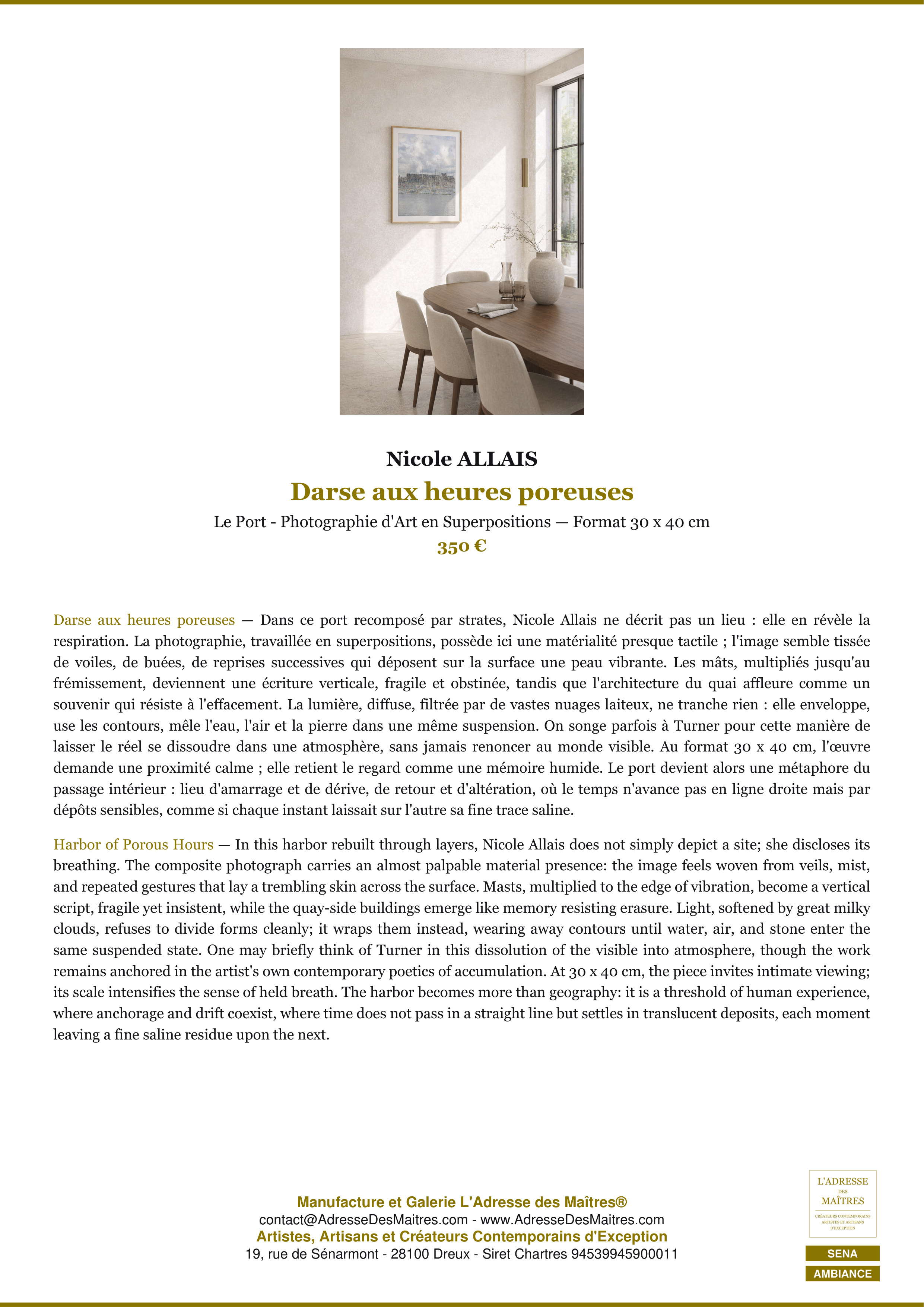 Fiche Premium Ambiance — Darse aux heures poreuses — Nicole ALLAIS — L'Adresse des Maîtres®