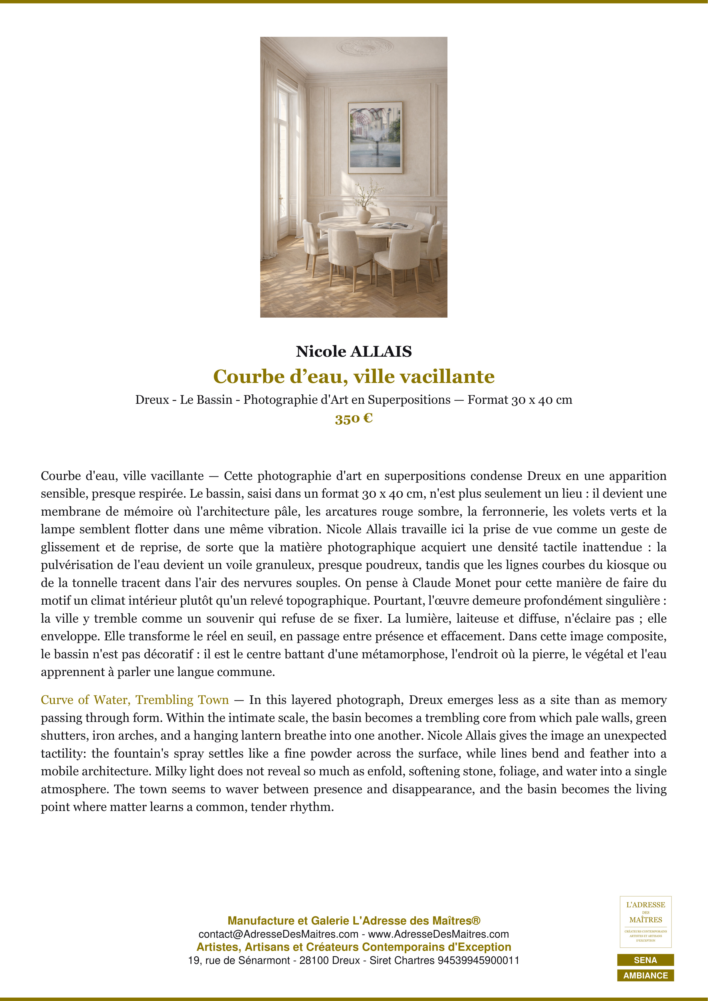 Fiche Premium Ambiance — Courbe d’eau, ville vacillante — Nicole ALLAIS — L'Adresse des Maîtres®