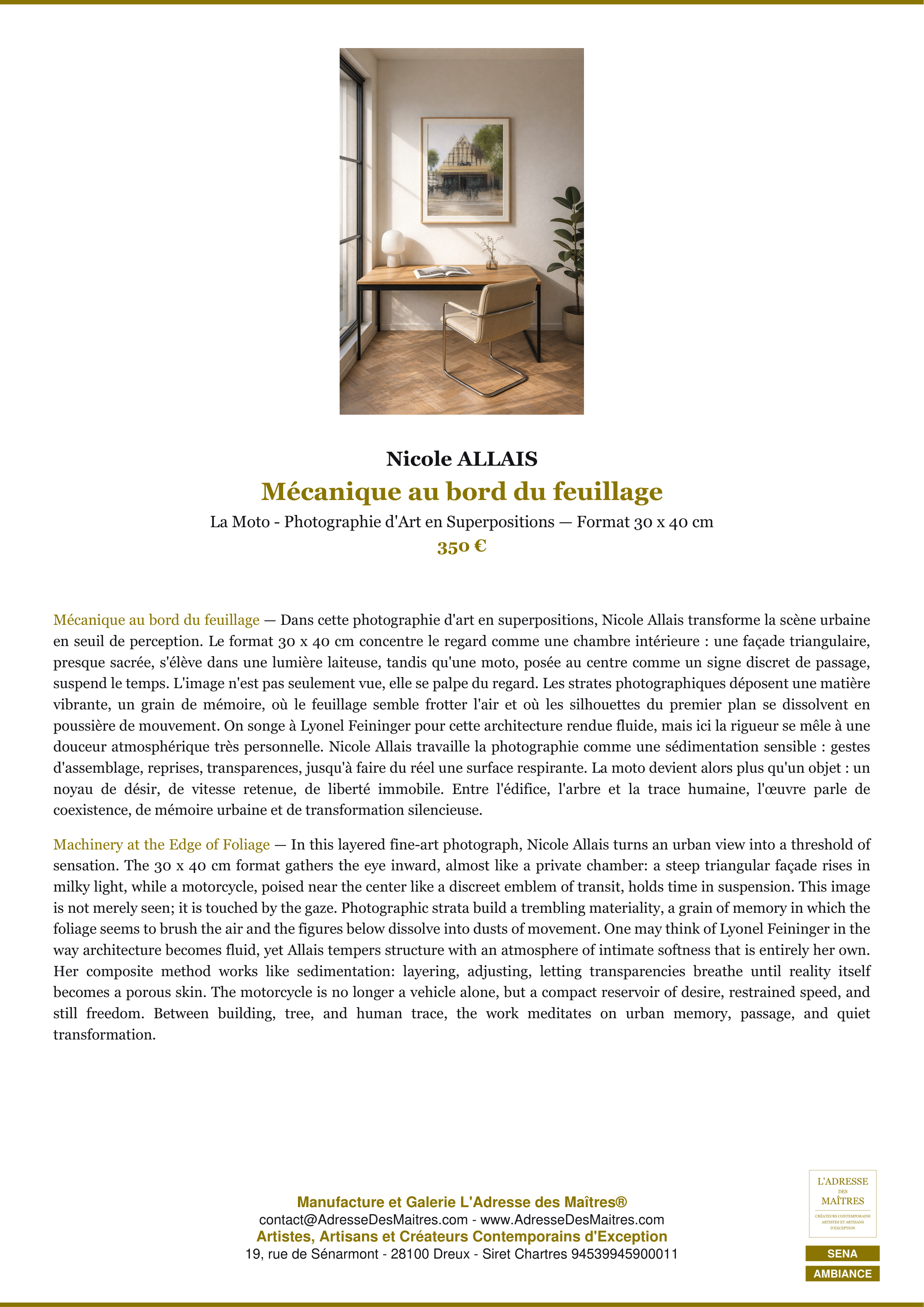 Fiche Premium Ambiance — Mécanique au bord du feuillage — Nicole ALLAIS — L'Adresse des Maîtres®