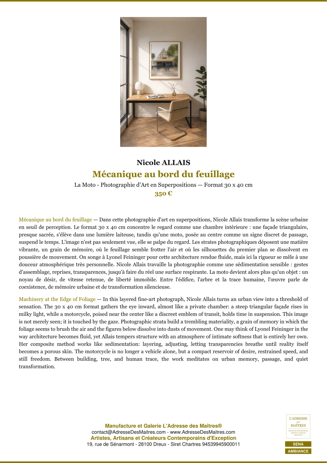 Fiche Premium Ambiance — Mécanique au bord du feuillage — Nicole ALLAIS — L'Adresse des Maîtres®