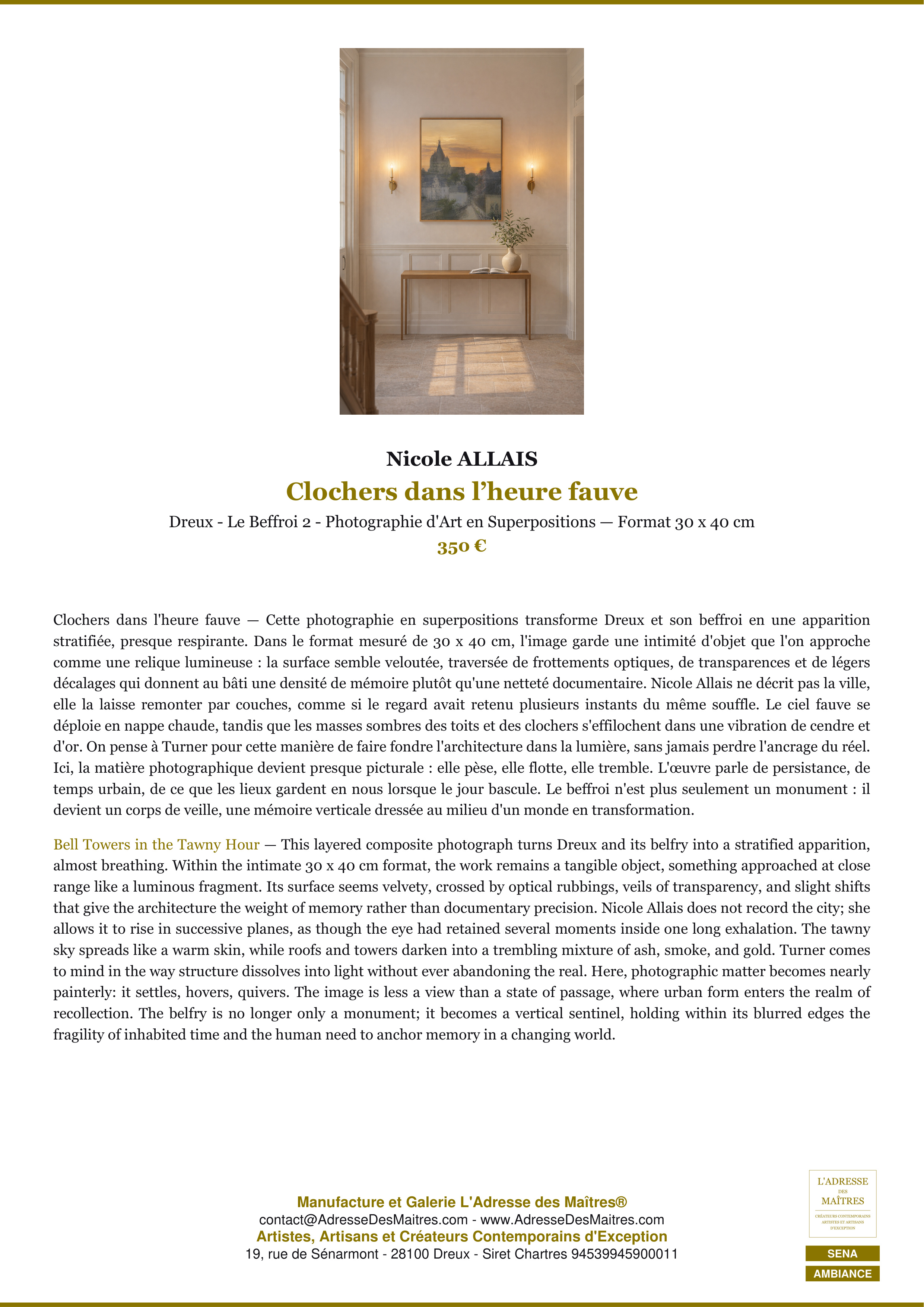 Fiche Premium Ambiance — Clochers dans l’heure fauve — Nicole ALLAIS — L'Adresse des Maîtres®