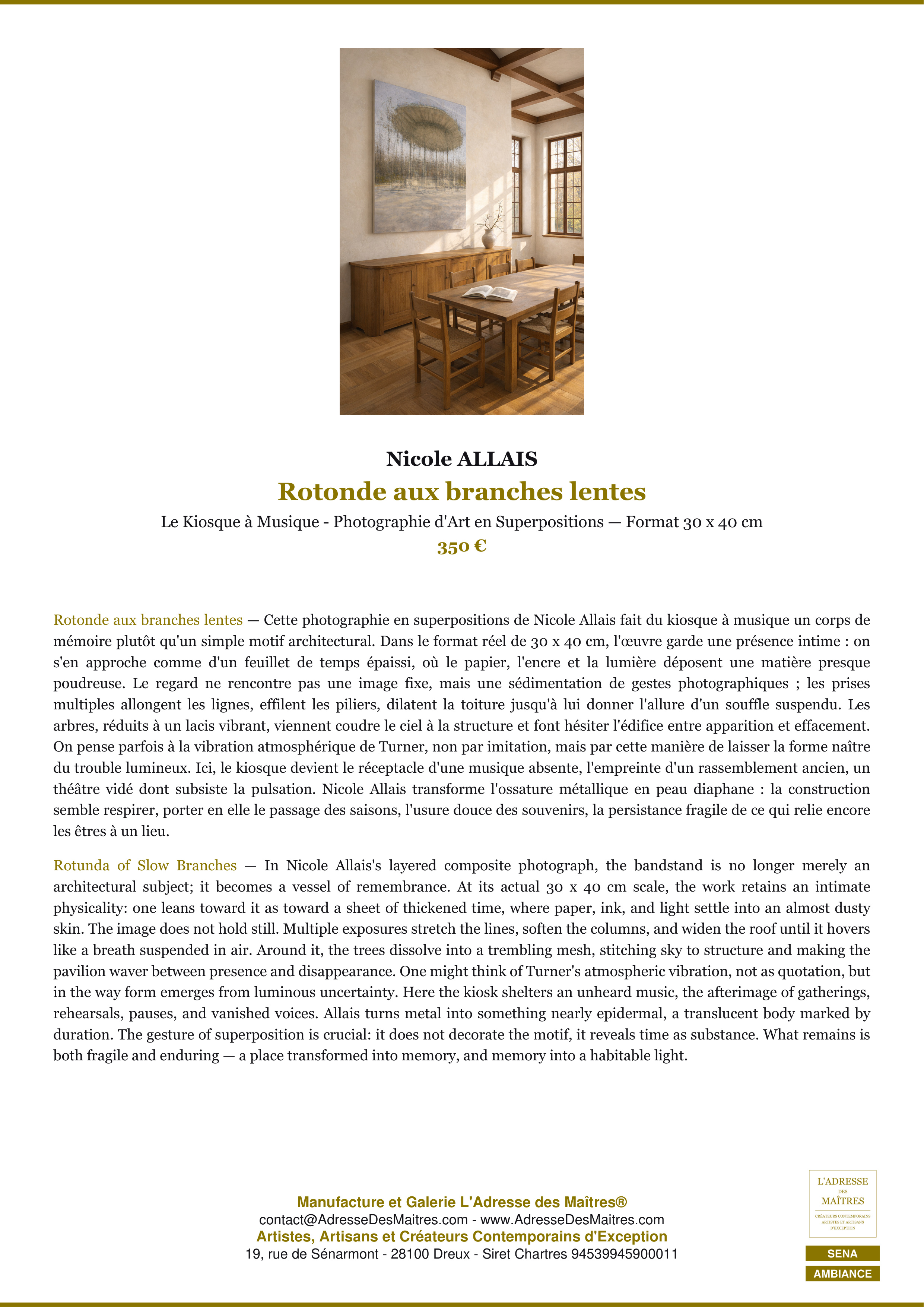 Fiche Premium Ambiance — Rotonde aux branches lentes — Nicole ALLAIS — L'Adresse des Maîtres®