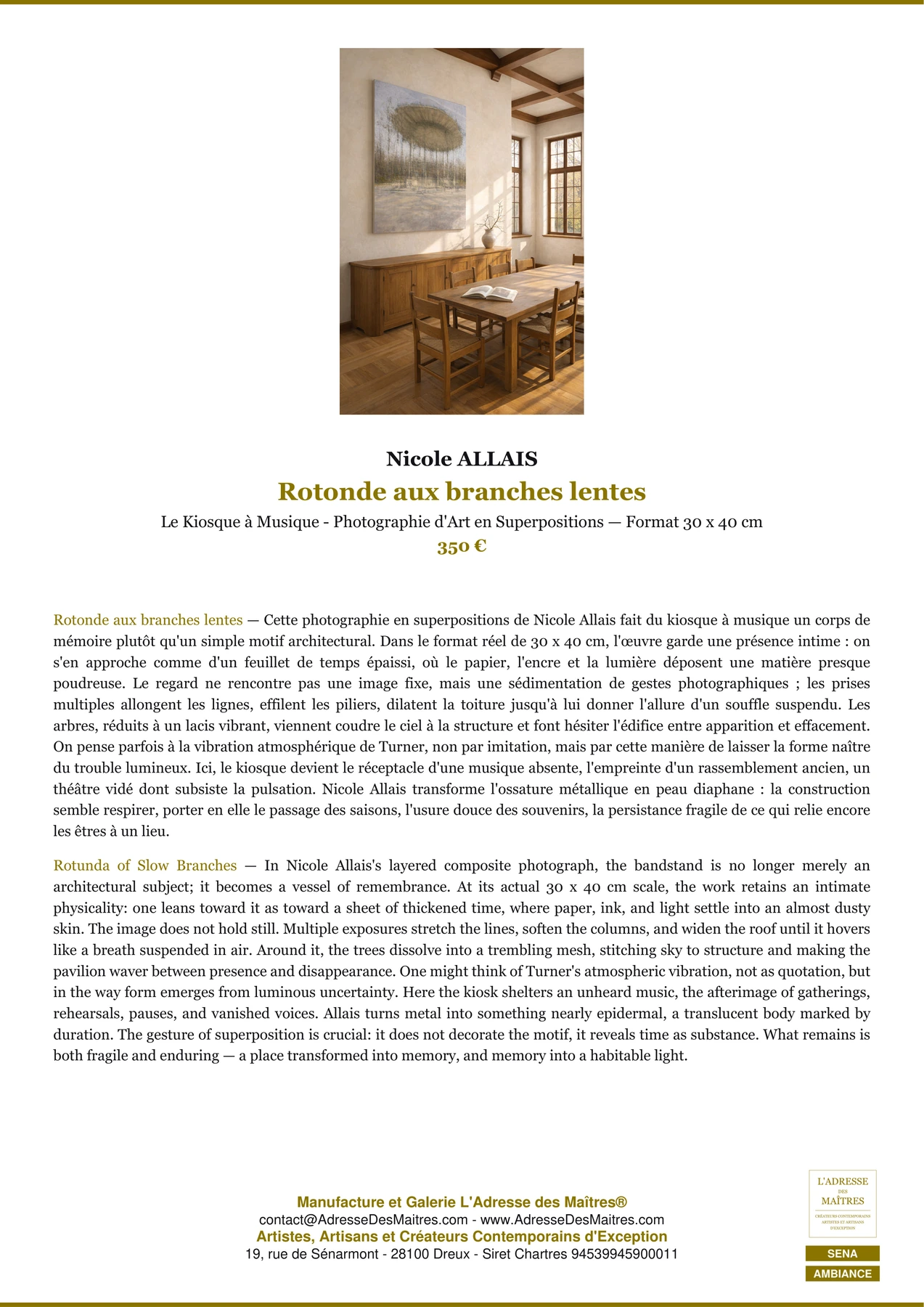 Fiche Premium Ambiance — Rotonde aux branches lentes — Nicole ALLAIS — L'Adresse des Maîtres®