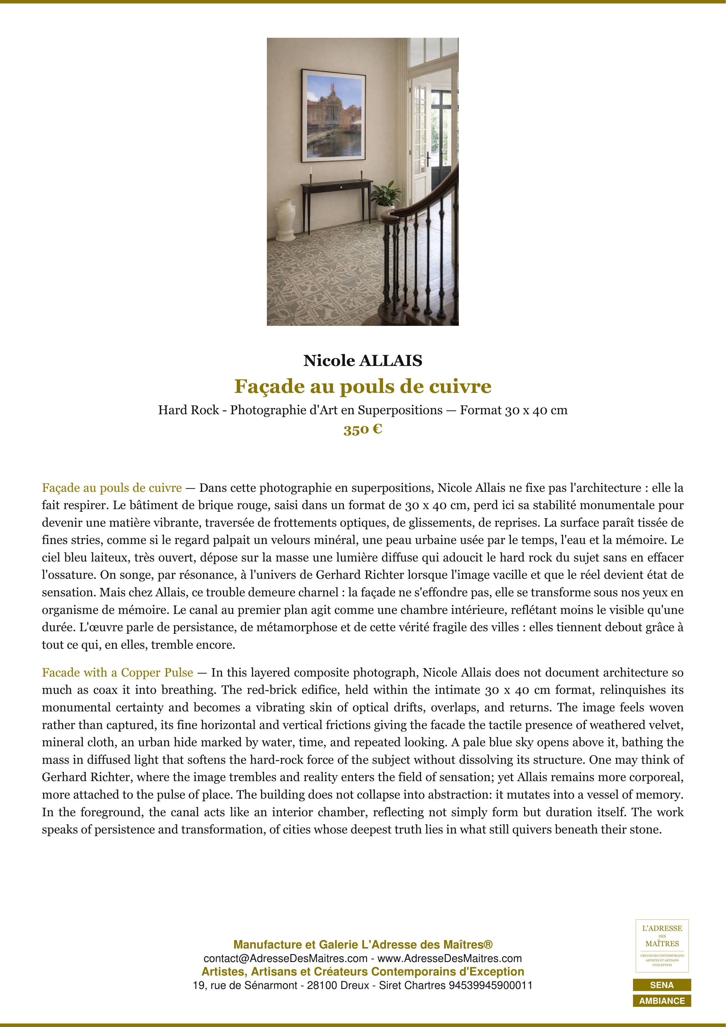 Fiche Premium Ambiance — Façade au pouls de cuivre — Nicole ALLAIS — L'Adresse des Maîtres®