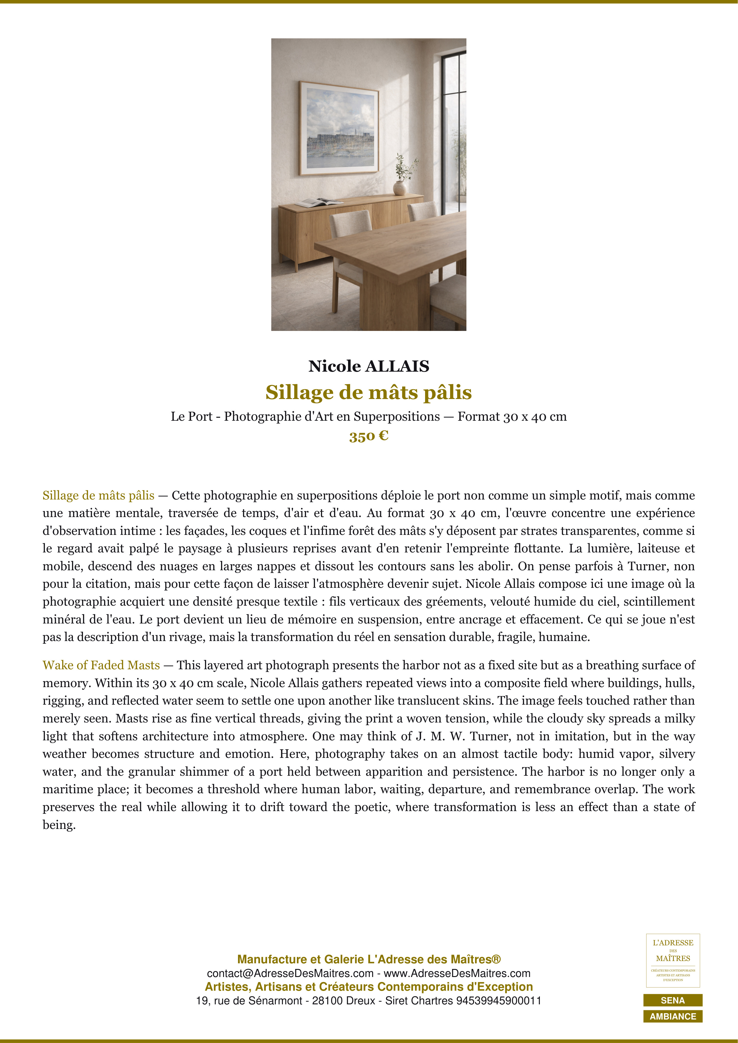 Fiche Premium Ambiance — Sillage de mâts pâlis — Nicole ALLAIS — L'Adresse des Maîtres®