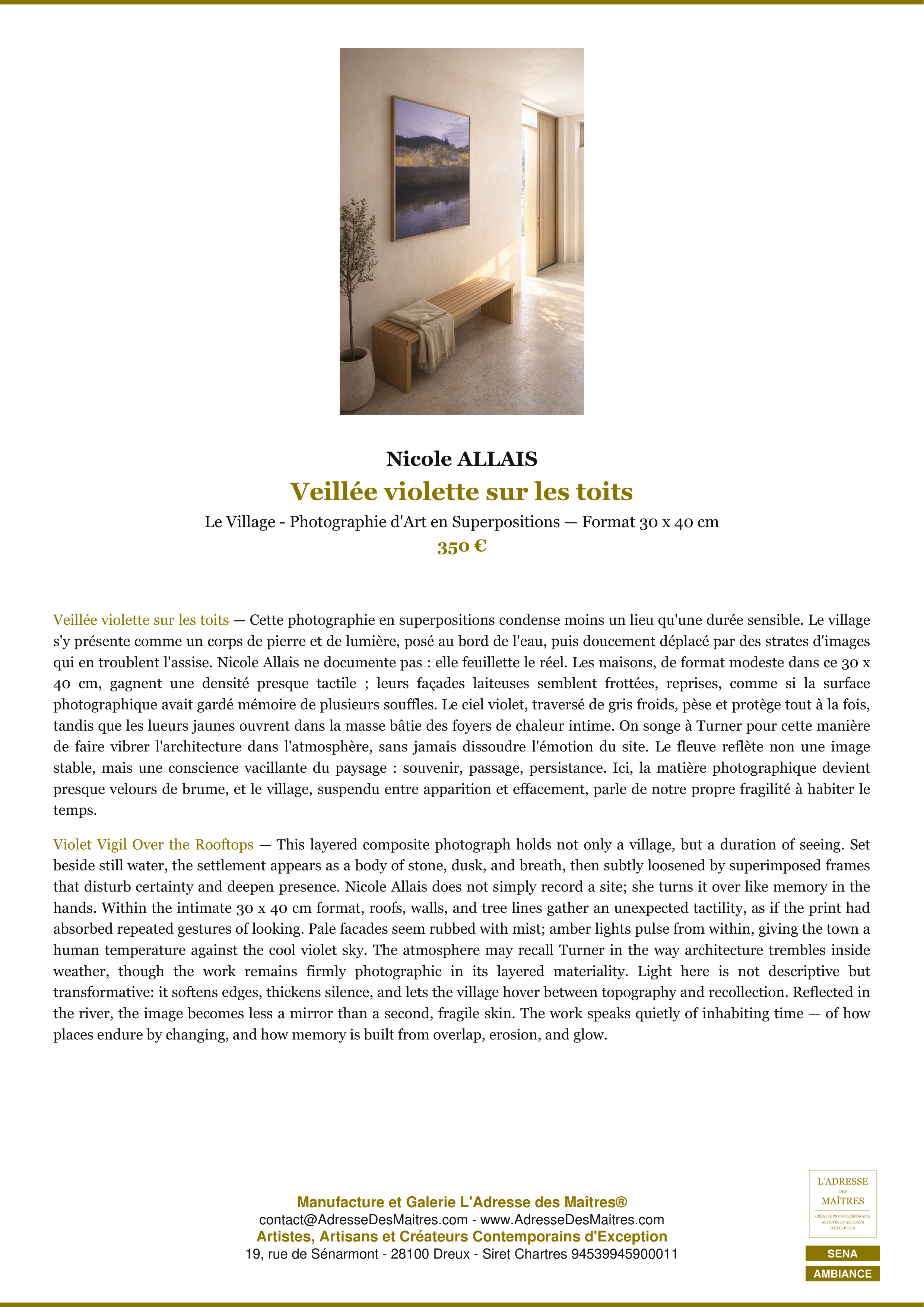 Fiche Premium Ambiance — Veillée violette sur les toits — Nicole ALLAIS — L'Adresse des Maîtres®