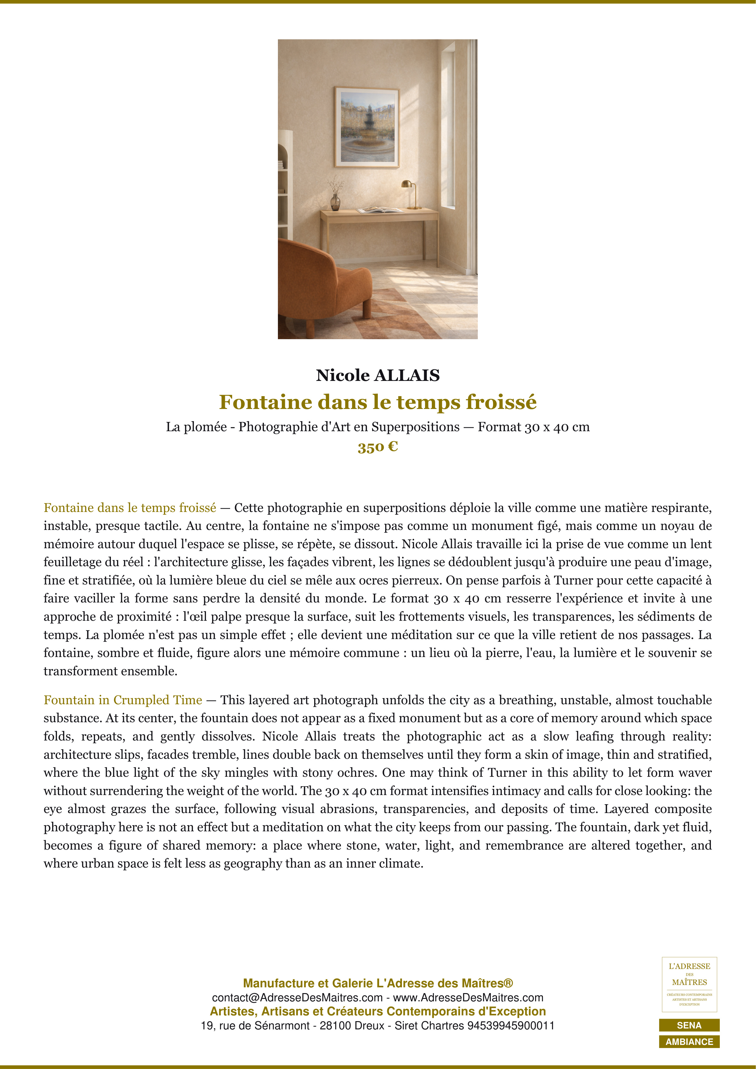Fiche Premium Ambiance — Fontaine dans le temps froissé — Nicole ALLAIS — L'Adresse des Maîtres®