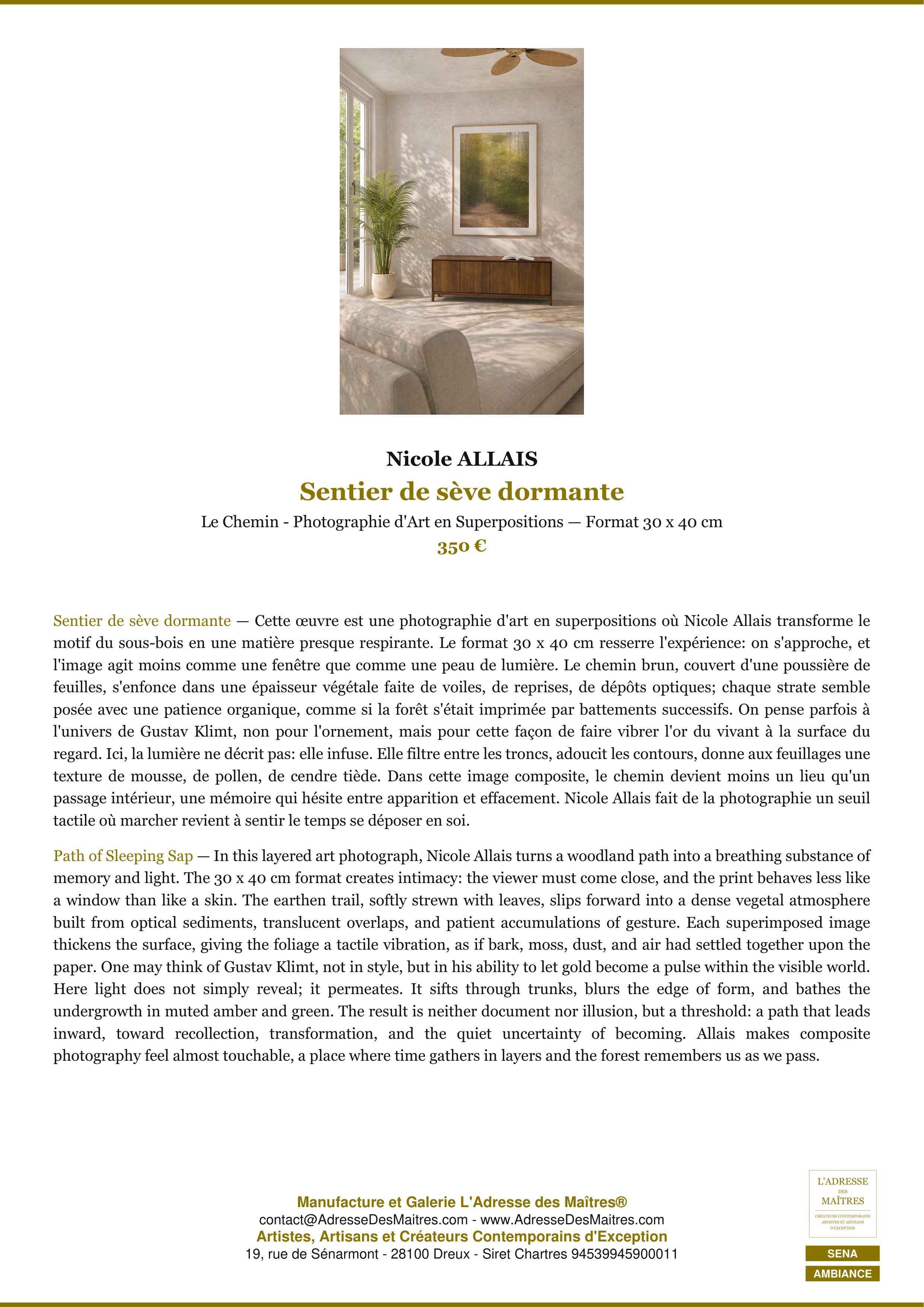 Fiche Premium Ambiance — Sentier de sève dormante — Nicole ALLAIS — L'Adresse des Maîtres®