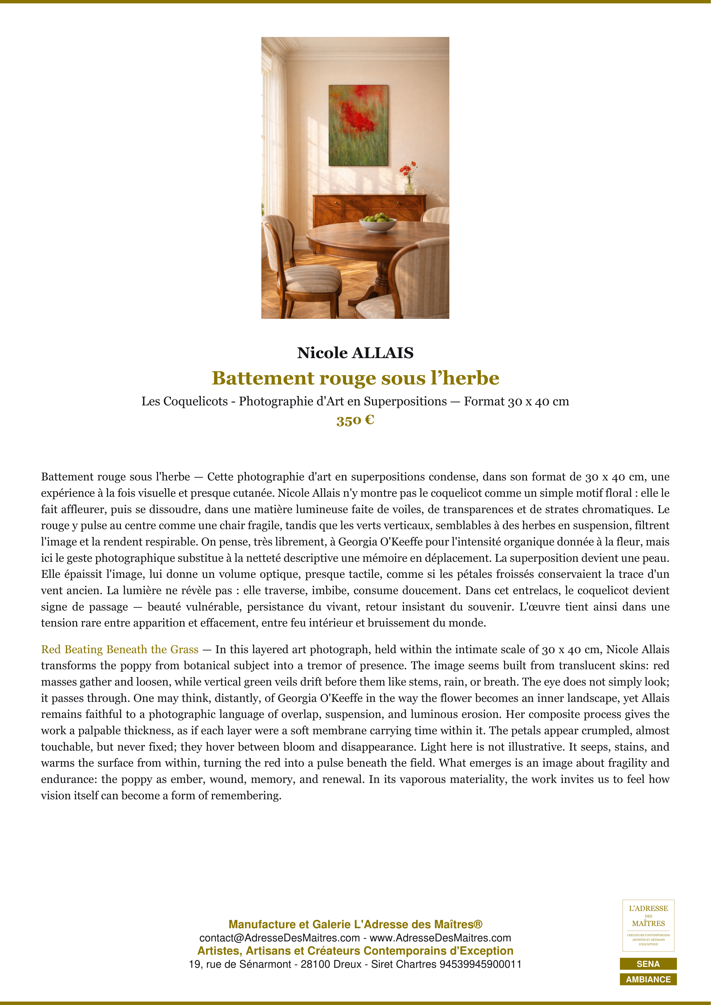 Fiche Premium Ambiance — Battement rouge sous l’herbe — Nicole ALLAIS — L'Adresse des Maîtres®