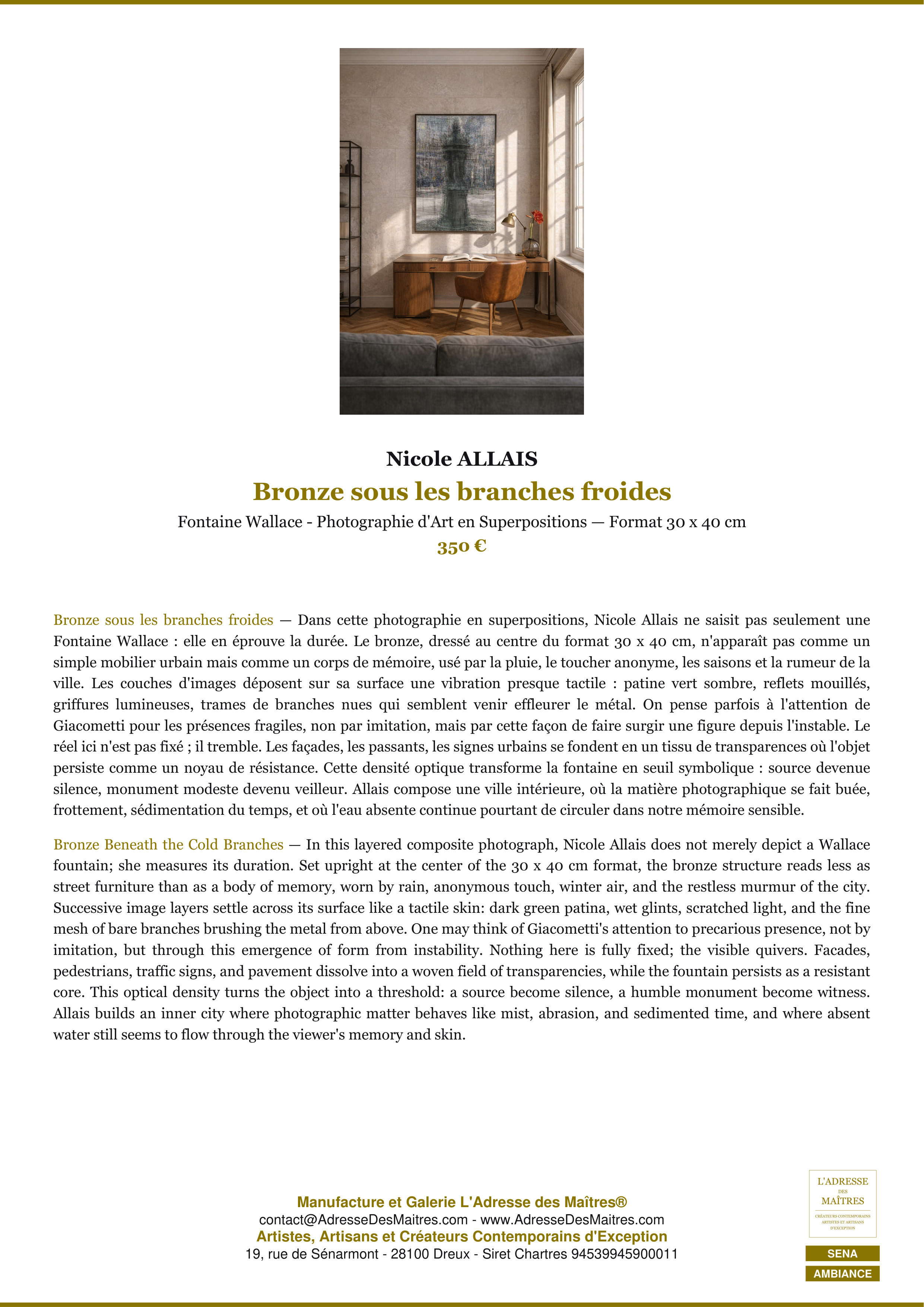 Fiche Premium Ambiance — Bronze sous les branches froides — Nicole ALLAIS — L'Adresse des Maîtres®