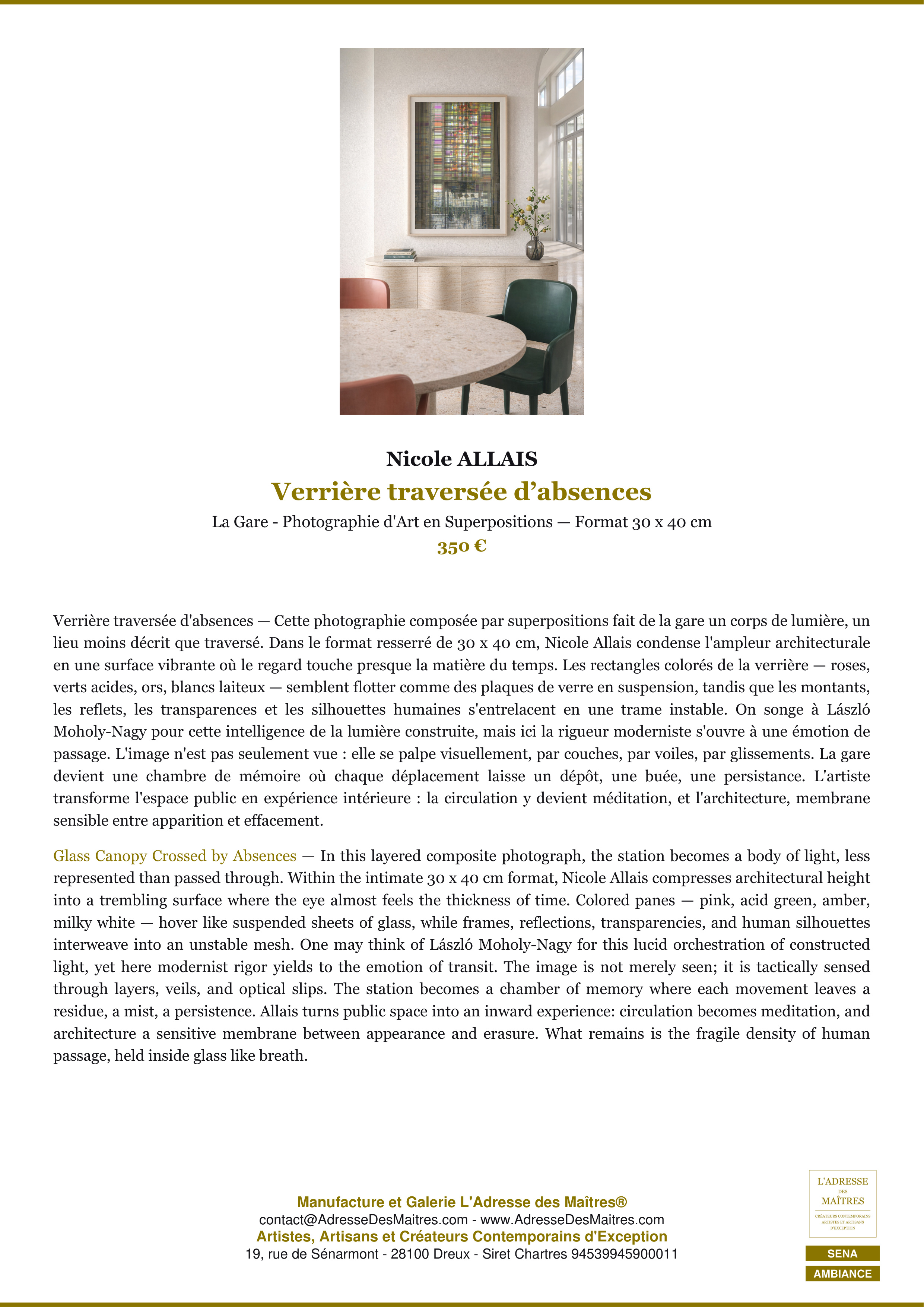 Fiche Premium Ambiance — Verrière traversée d’absences — Nicole ALLAIS — L'Adresse des Maîtres®