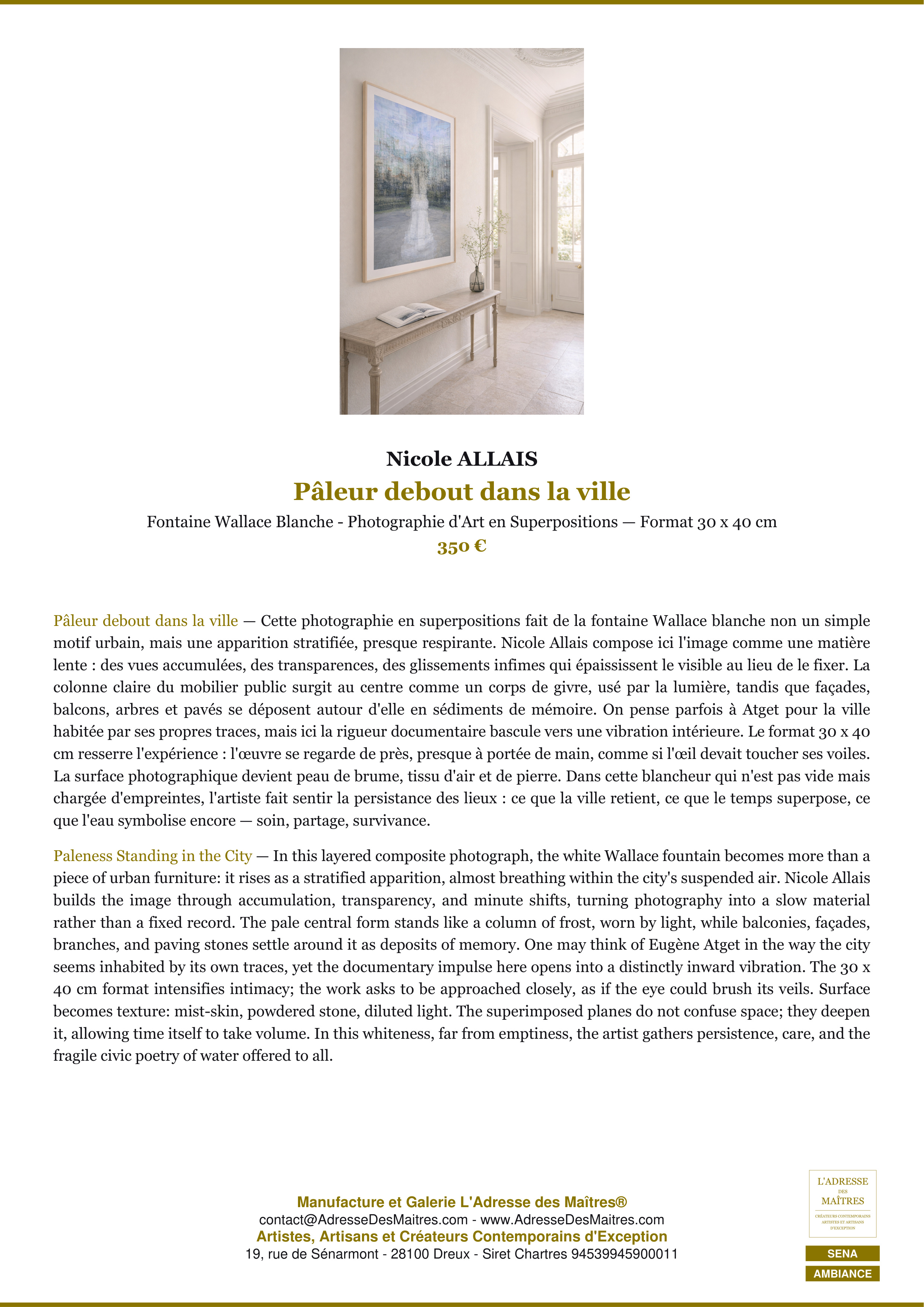 Fiche Premium Ambiance — Pâleur debout dans la ville — Nicole ALLAIS — L'Adresse des Maîtres®