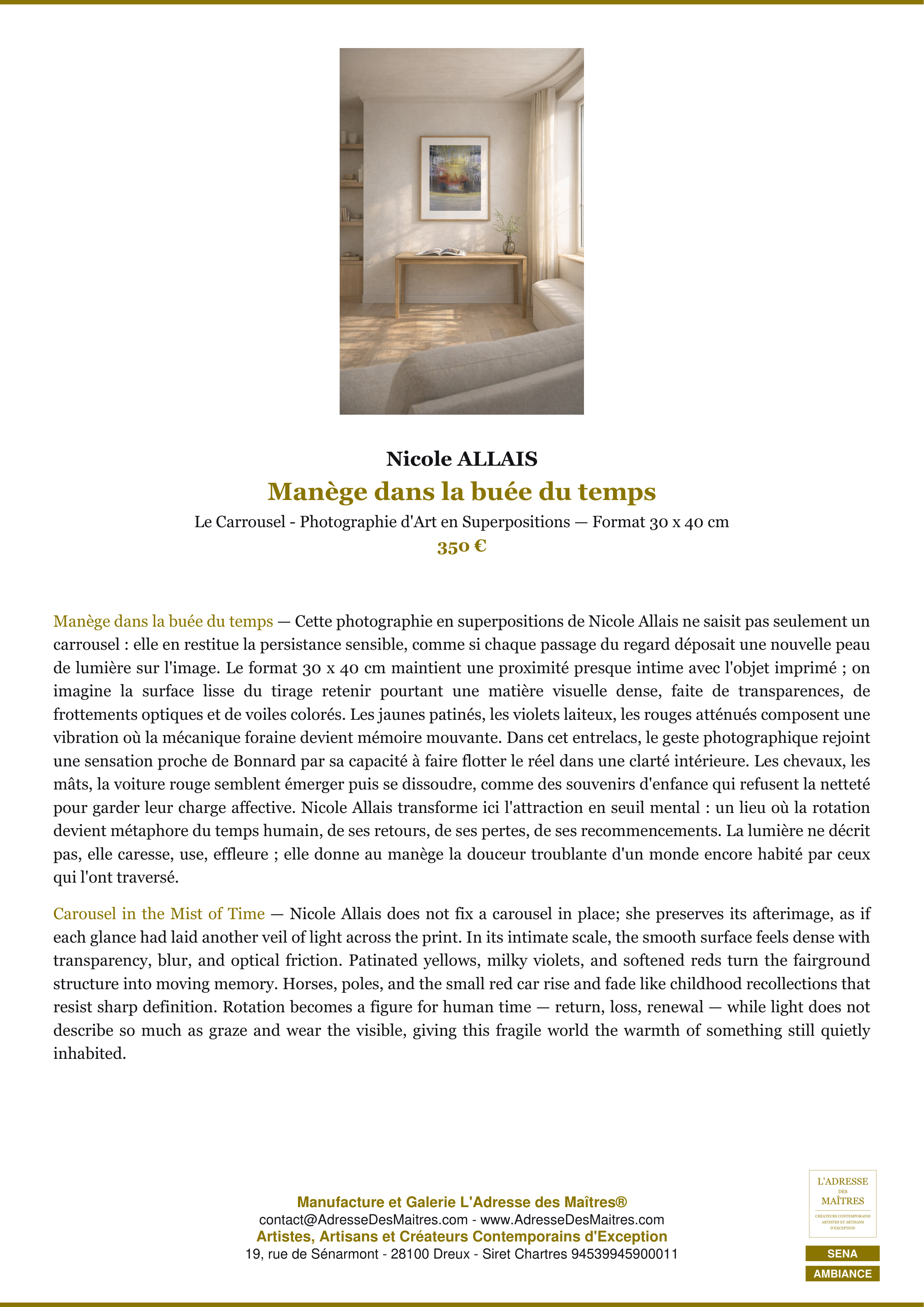Fiche Premium Ambiance — Manège dans la buée du temps — Nicole ALLAIS — L'Adresse des Maîtres®