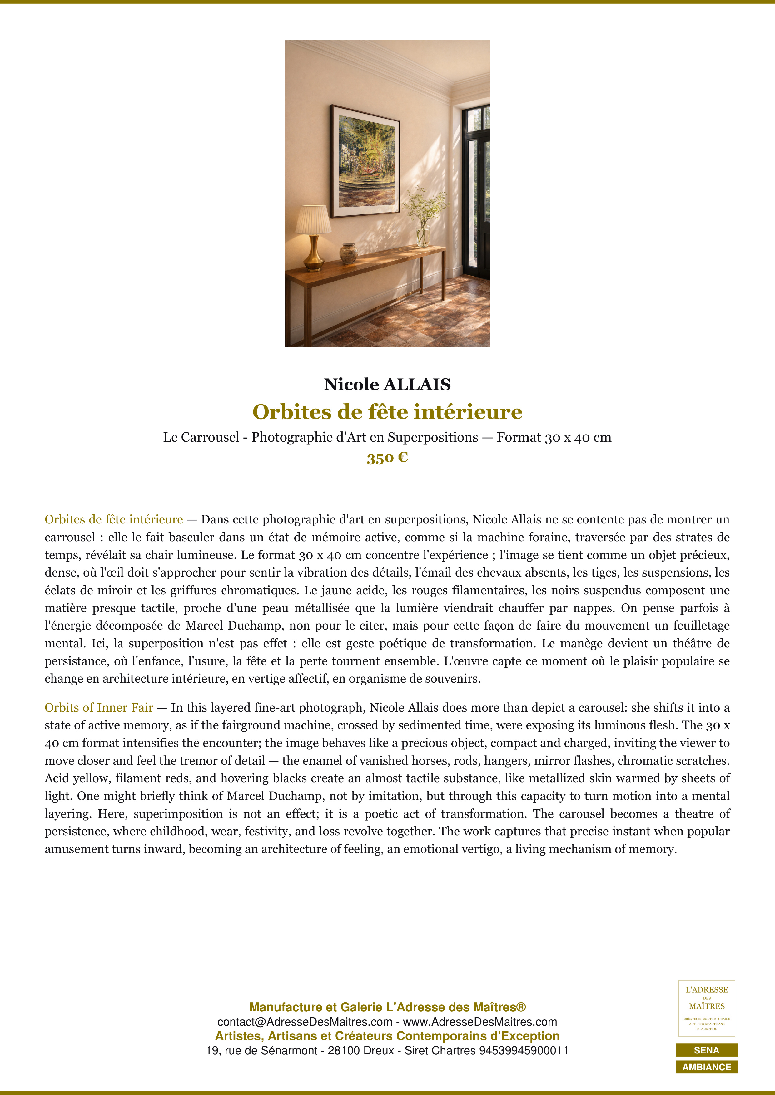 Fiche Premium Ambiance — Orbites de fête intérieure — Nicole ALLAIS — L'Adresse des Maîtres®