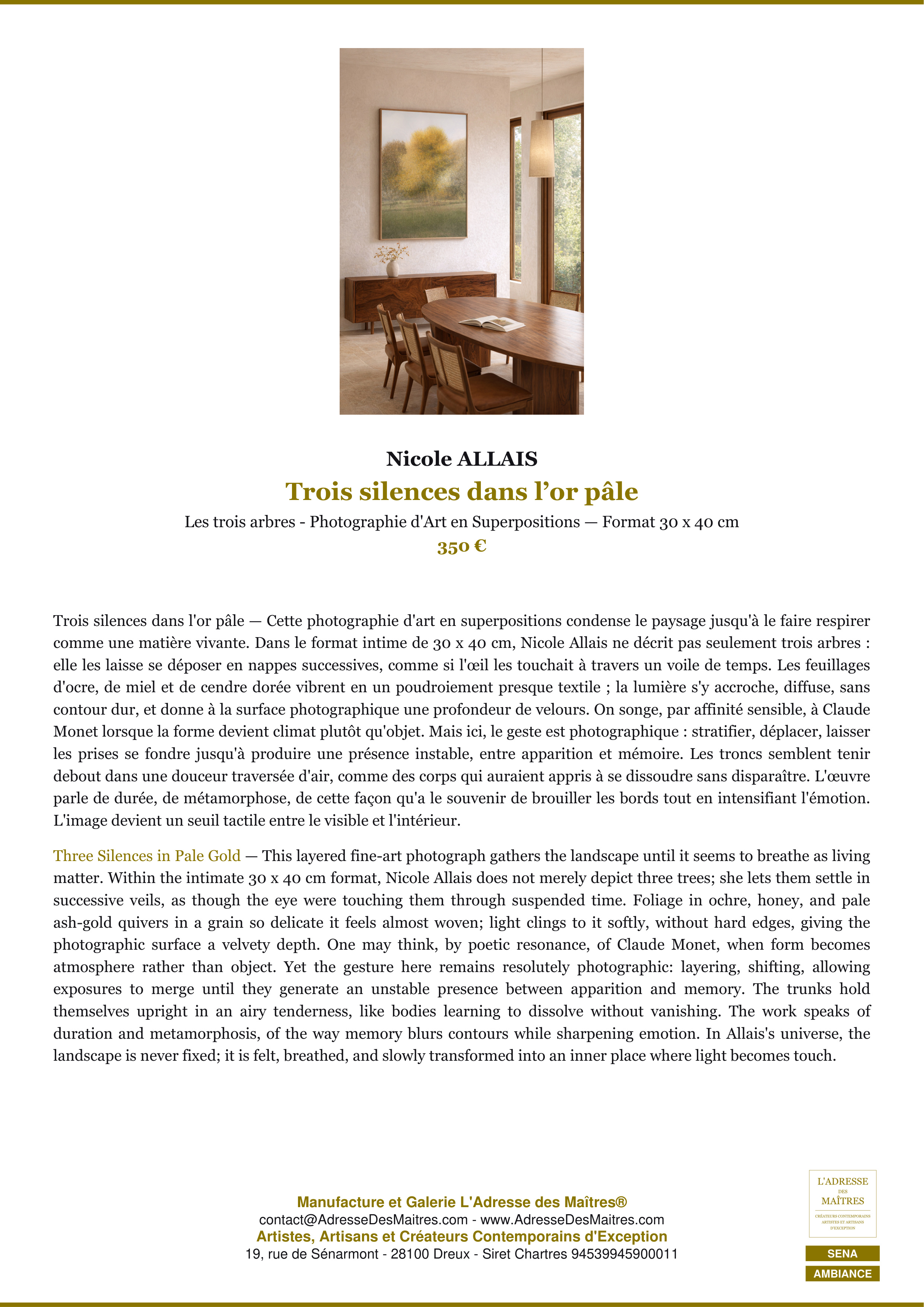 Fiche Premium Ambiance — Trois silences dans l’or pâle — Nicole ALLAIS — L'Adresse des Maîtres®