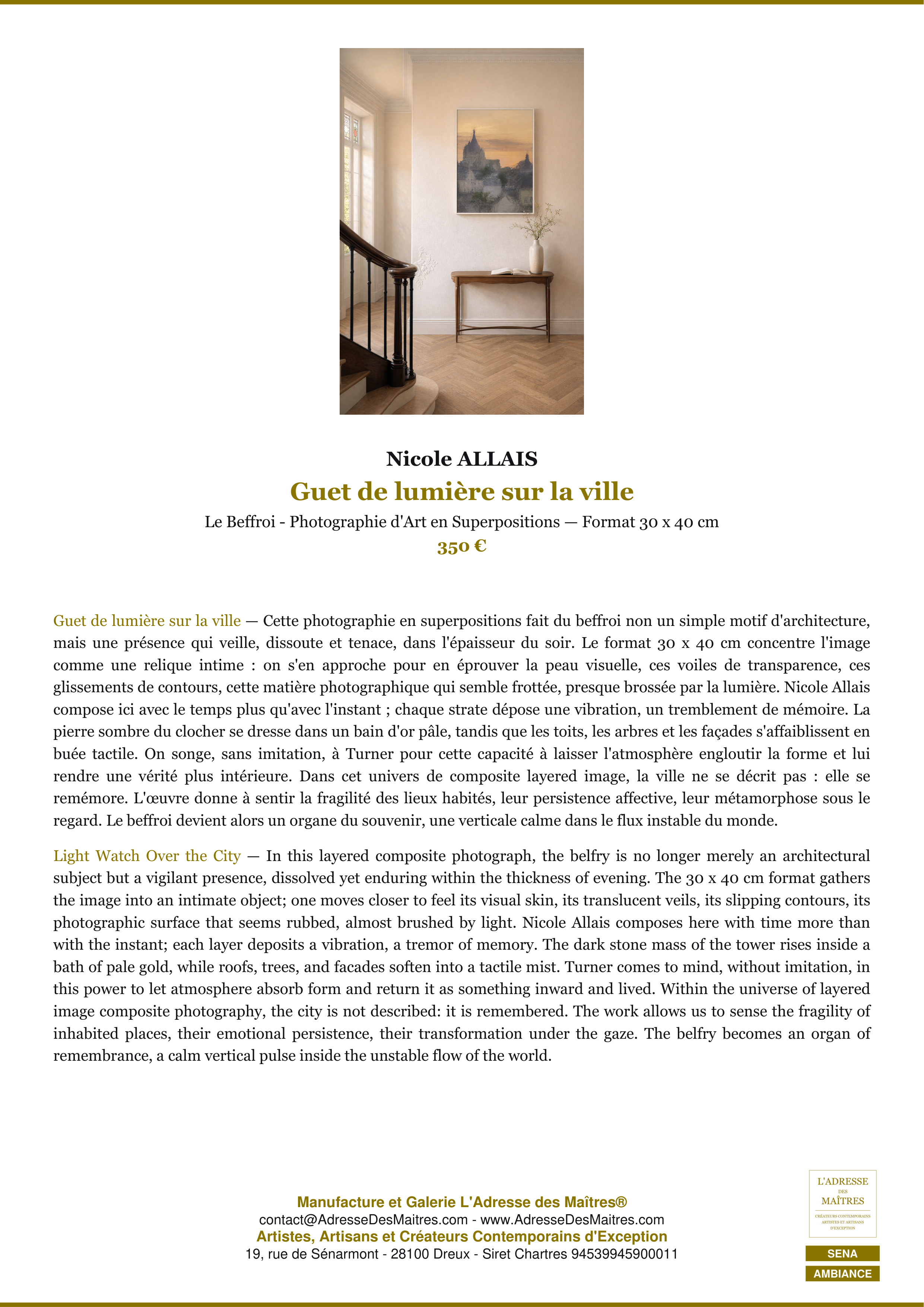 Fiche Premium Ambiance — Guet de lumière sur la ville — Nicole ALLAIS — L'Adresse des Maîtres®