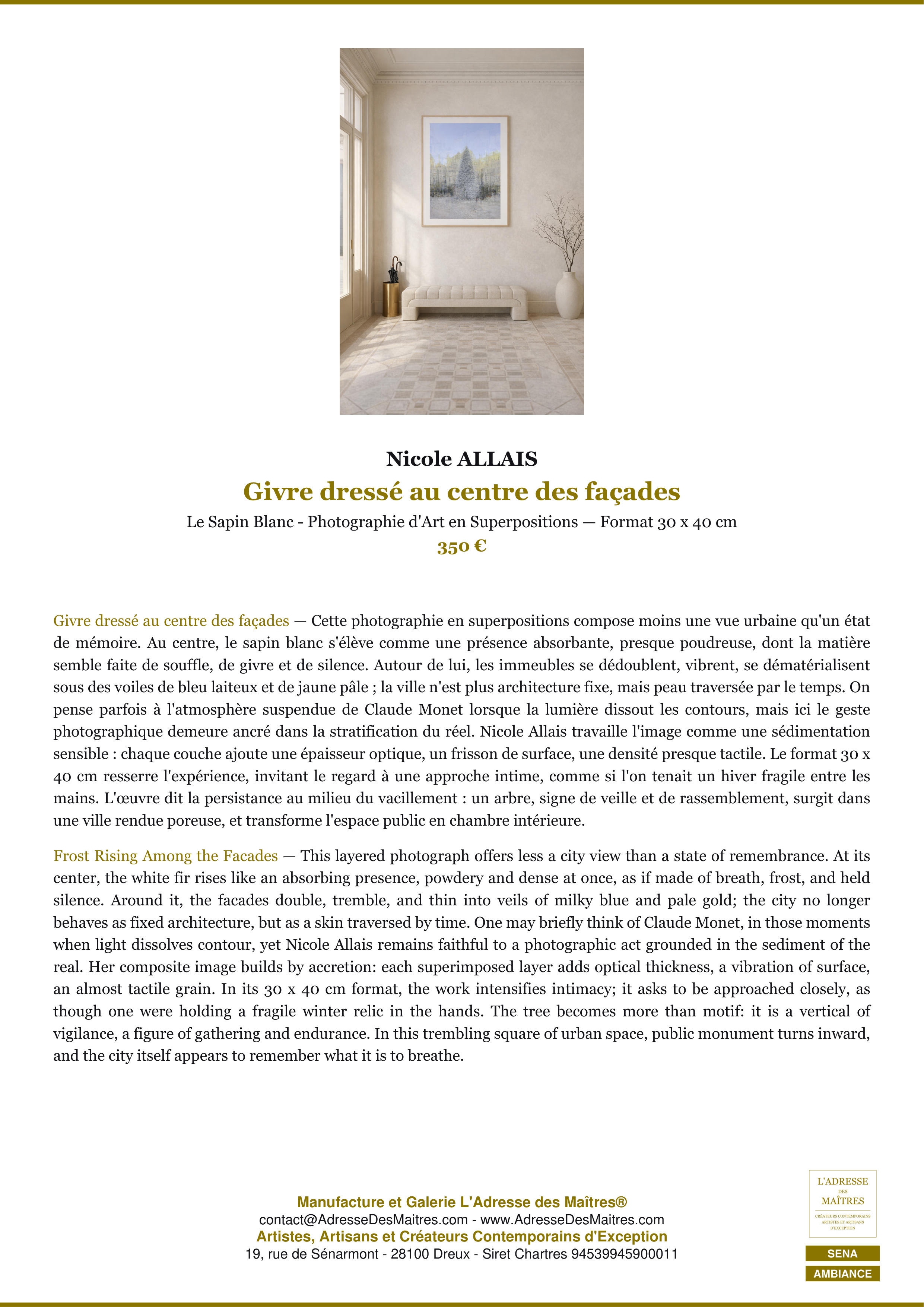 Fiche Premium Ambiance — Givre dressé au centre des façades — Nicole ALLAIS — L'Adresse des Maîtres®