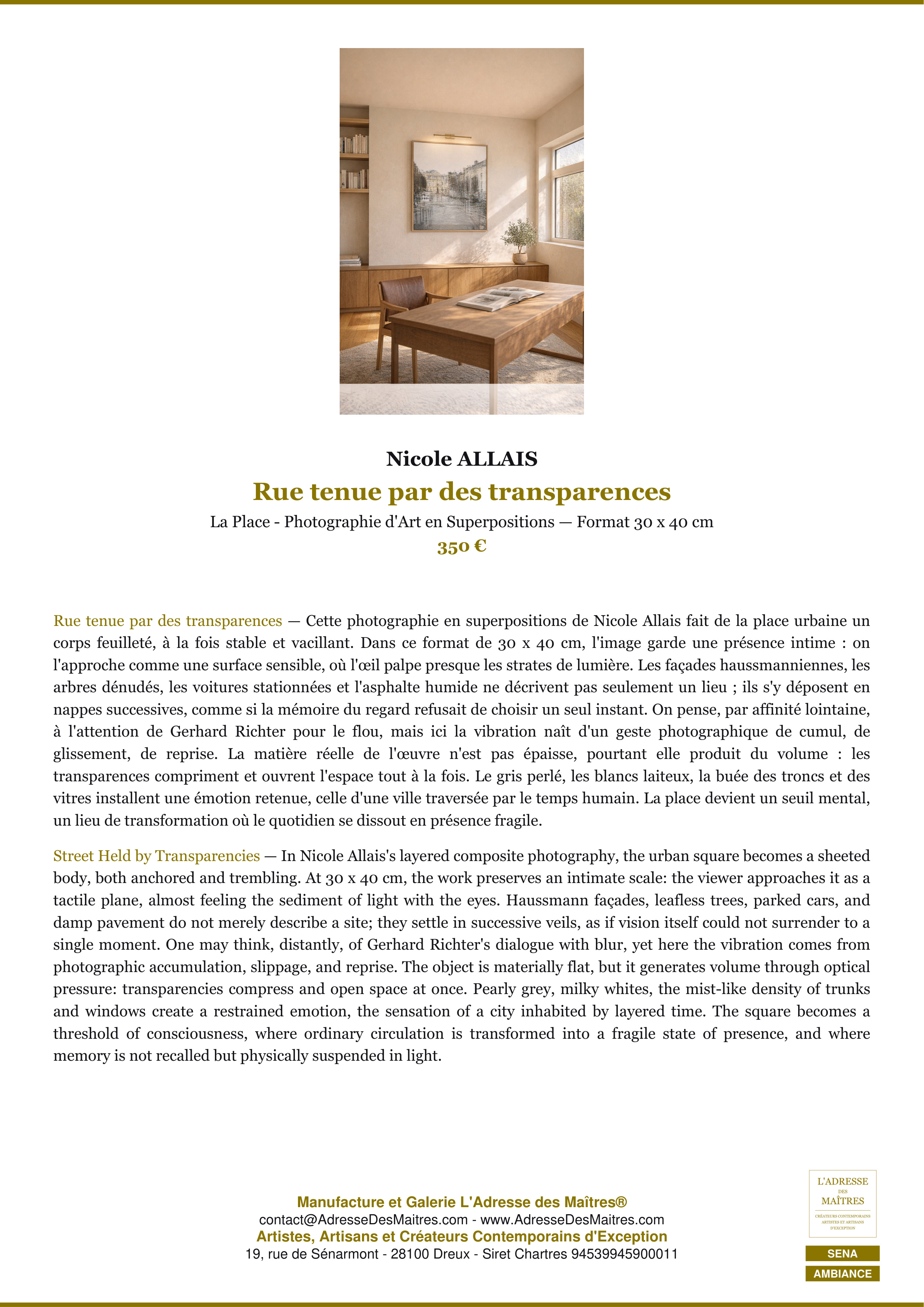 Fiche Premium Ambiance — Rue tenue par des transparences — Nicole ALLAIS — L'Adresse des Maîtres®