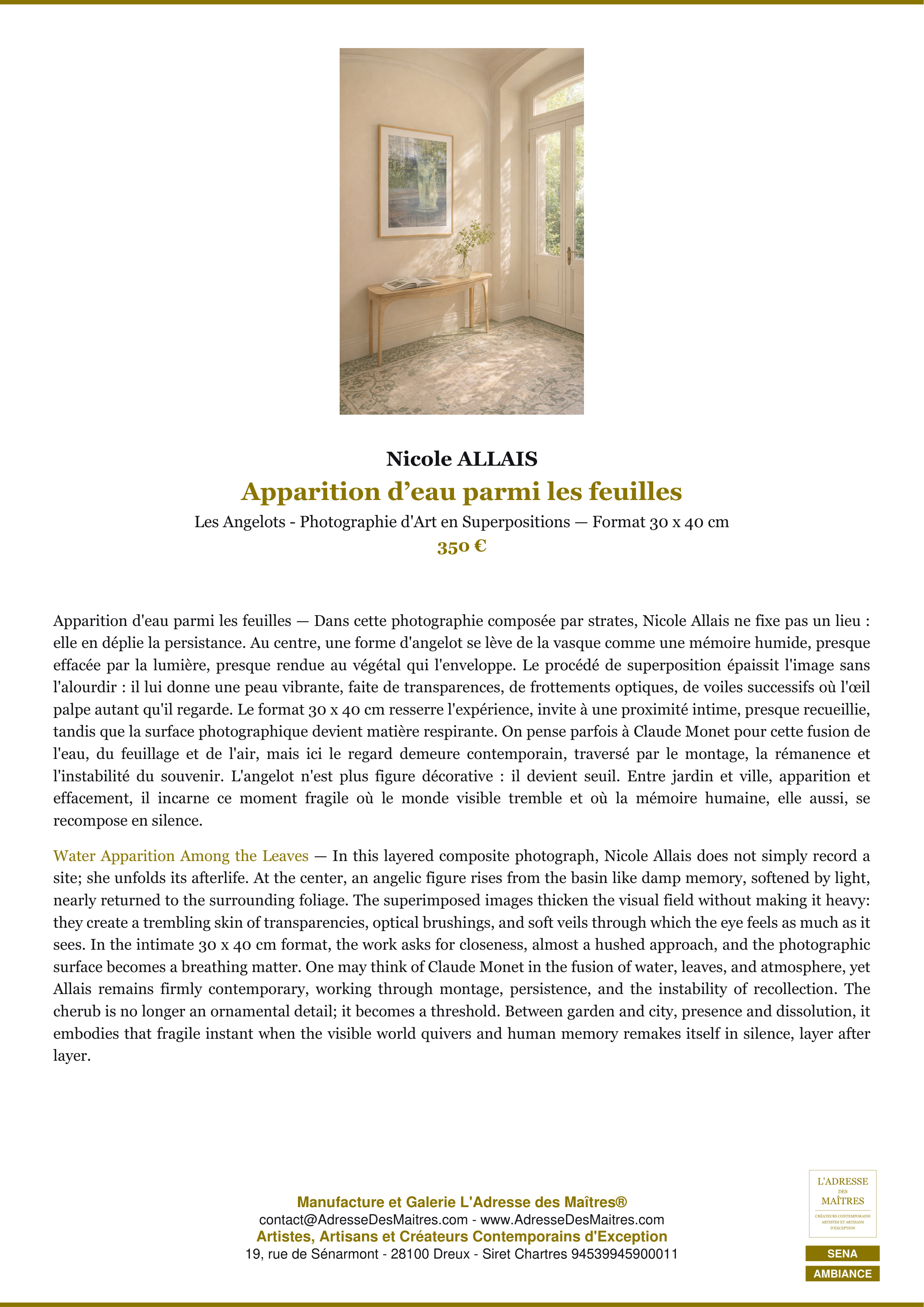 Fiche Premium Ambiance — Apparition d’eau parmi les feuilles — Nicole ALLAIS — L'Adresse des Maîtres®